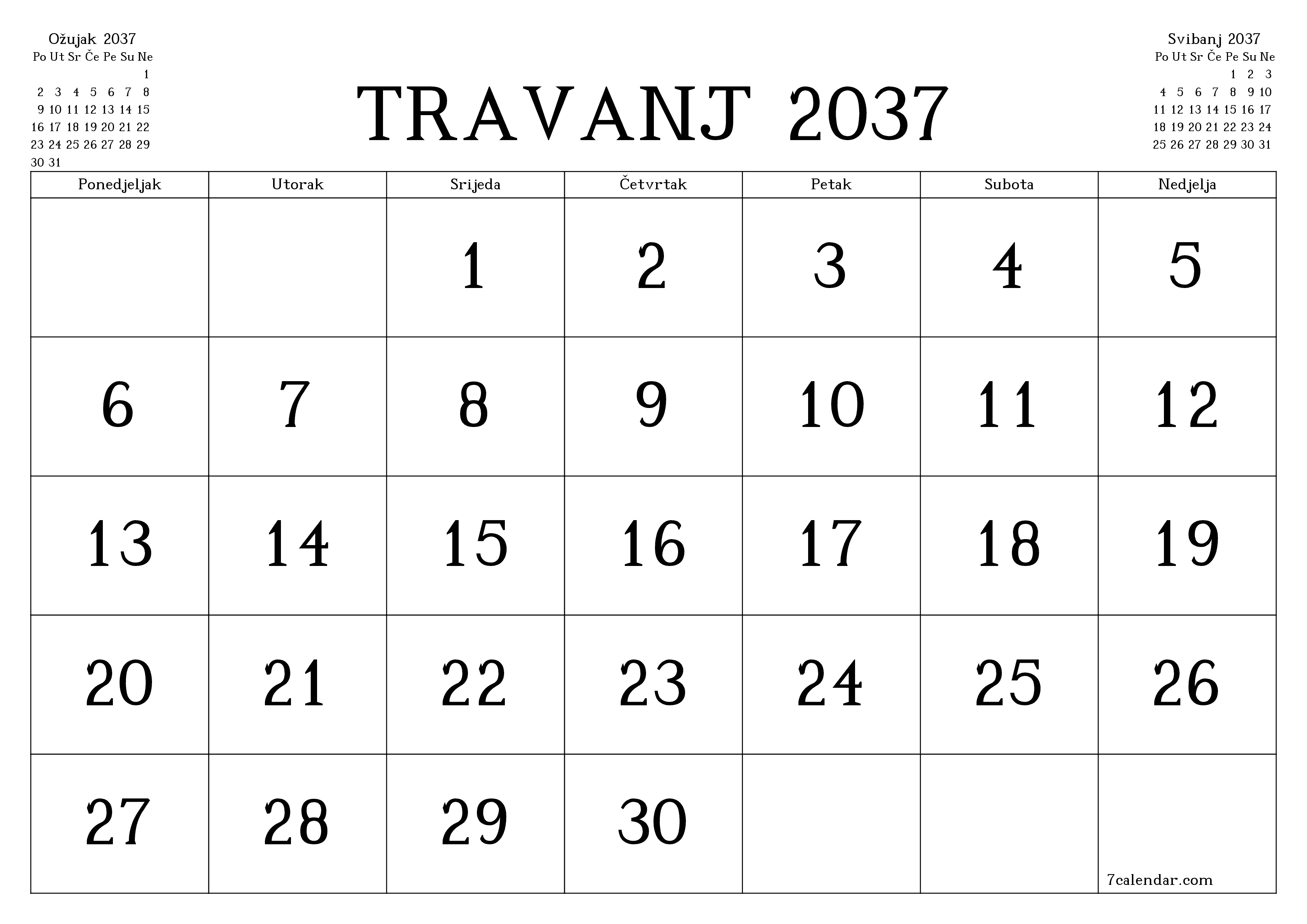 Ispraznite mjesečni planer za mjesec Travanj 2037 s bilješkama, spremite i ispišite u PDF PNG Croatian