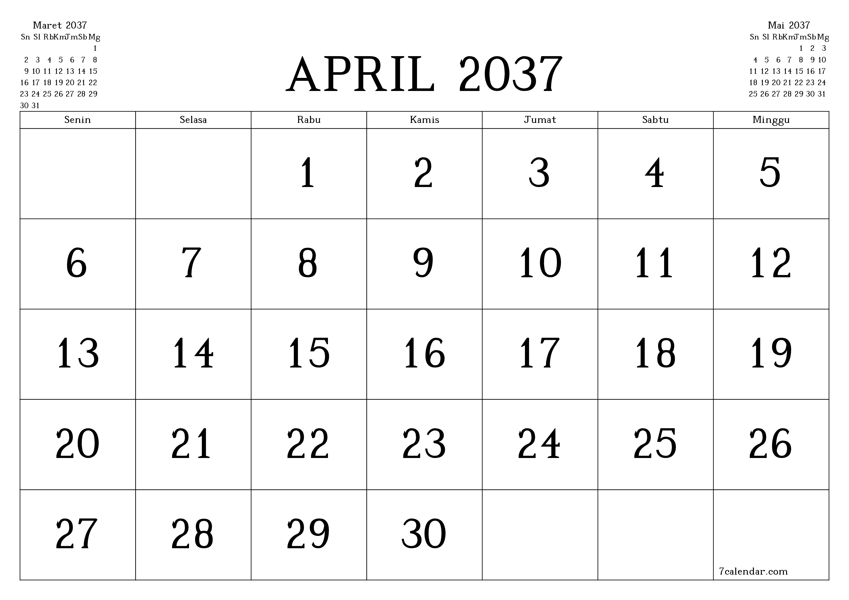 Kosongkan agenda bulanan untuk bulan April 2037 dengan catatan, simpan dan cetak ke PDF PNG Indonesian