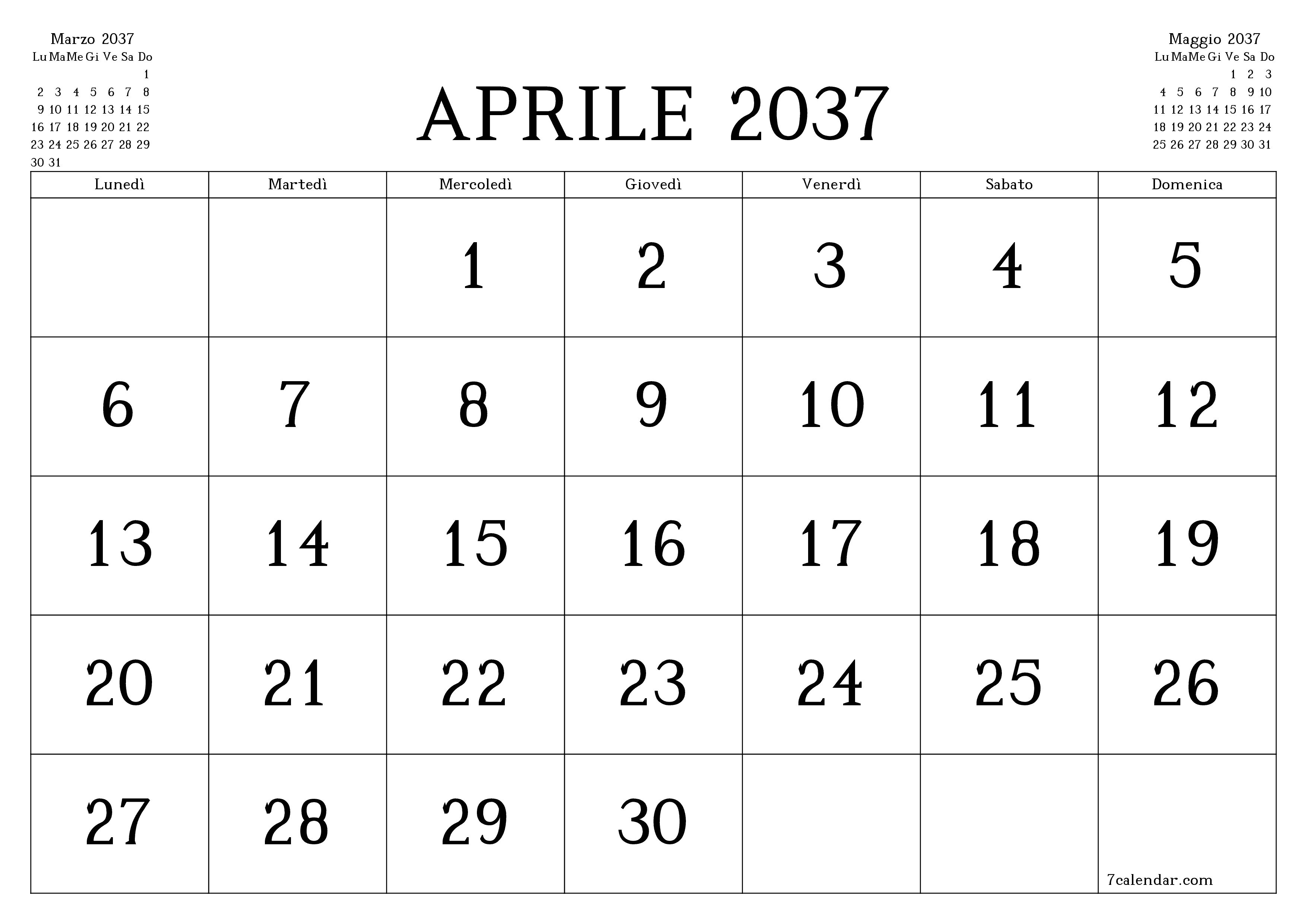Pianificatore mensile vuoto per il mese Aprile 2037 con note, salva e stampa in PDF PNG Italian