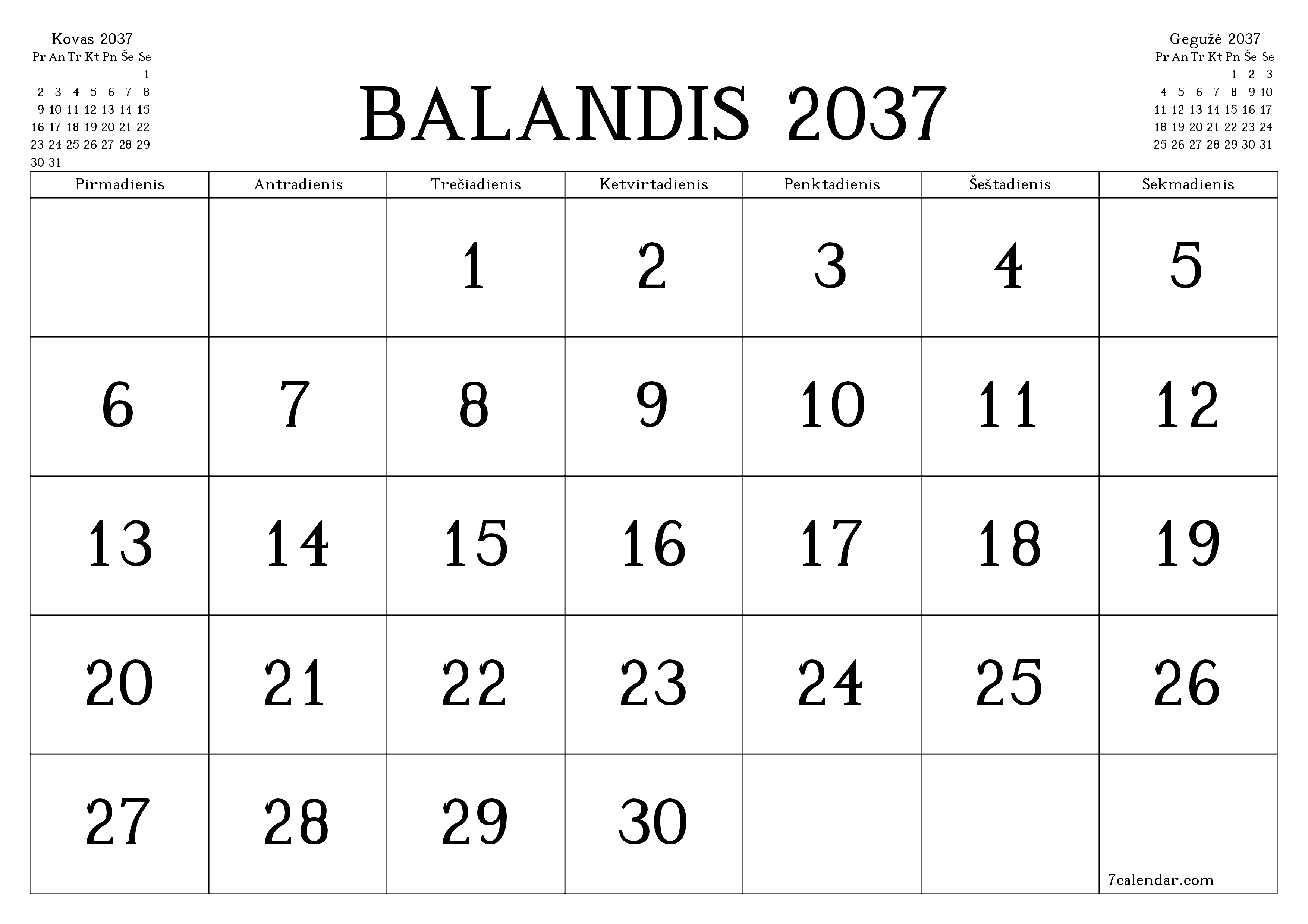 Ištuštinti mėnesio Balandis 2037 mėnesio planavimo priemonę su užrašais, išsaugoti ir atsispausdinti PDF formate PNG Lithuanian