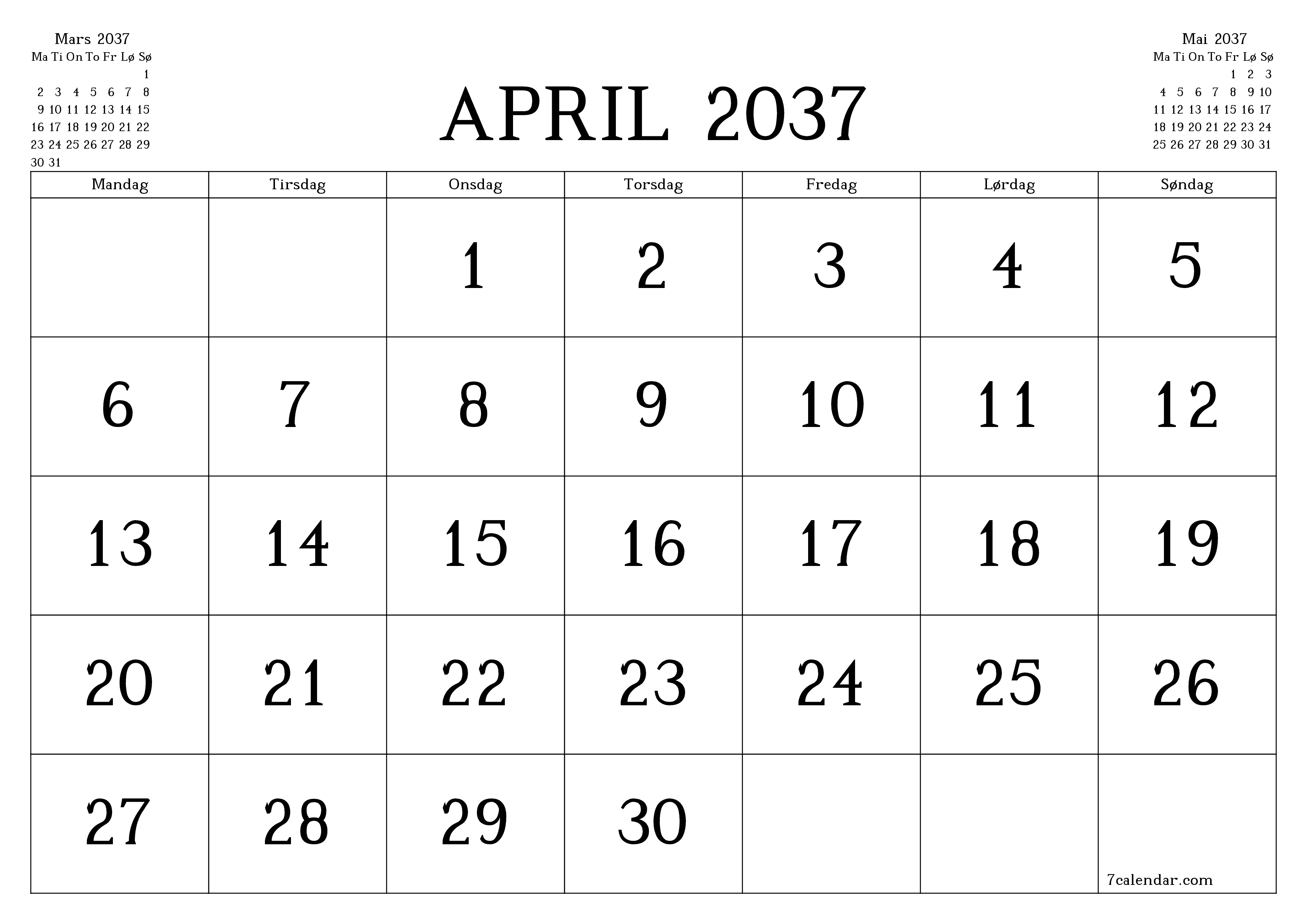 Tom månedlig planlegger for måned April 2037 med notater, lagre og skriv ut til PDF PNG Norwegian