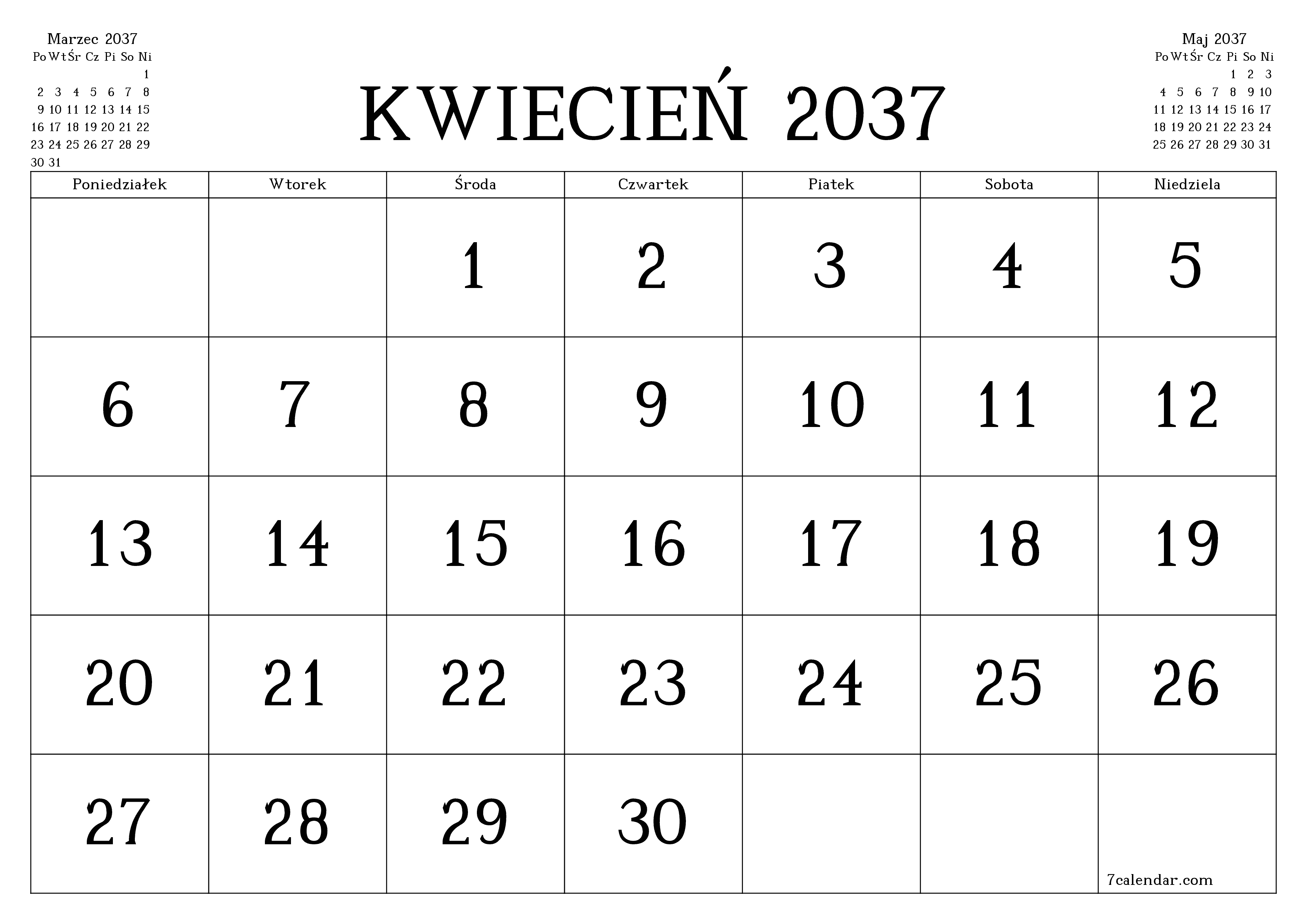 Opróżnij miesięczny planer na miesiąc Kwiecień 2037 z notatkami, zapisz i wydrukuj w formacie PDF PNG Polish