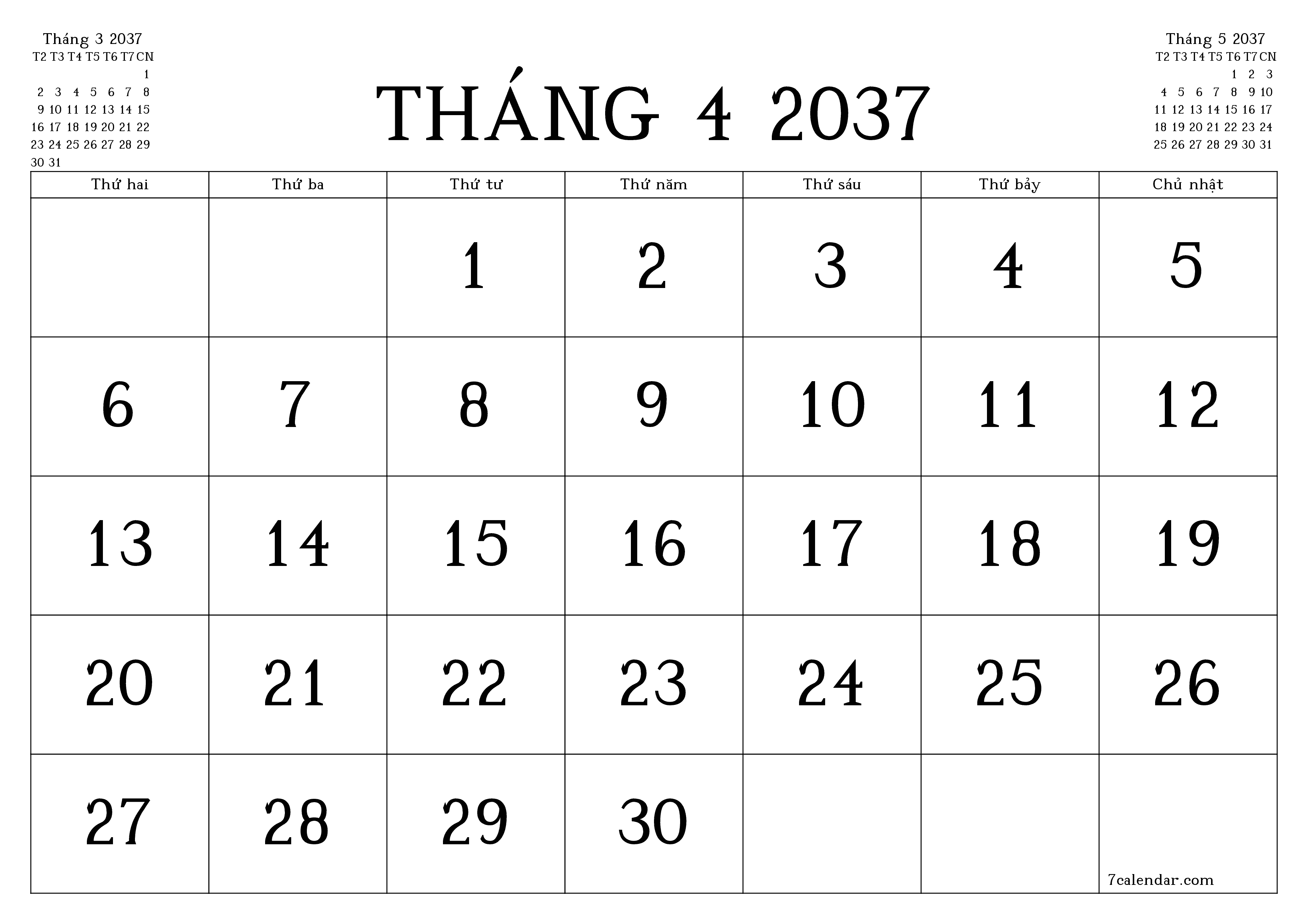 Công cụ lập kế hoạch hàng tháng trống cho tháng Tháng 4 2037 có ghi chú, lưu và in sang PDF PNG Vietnamese