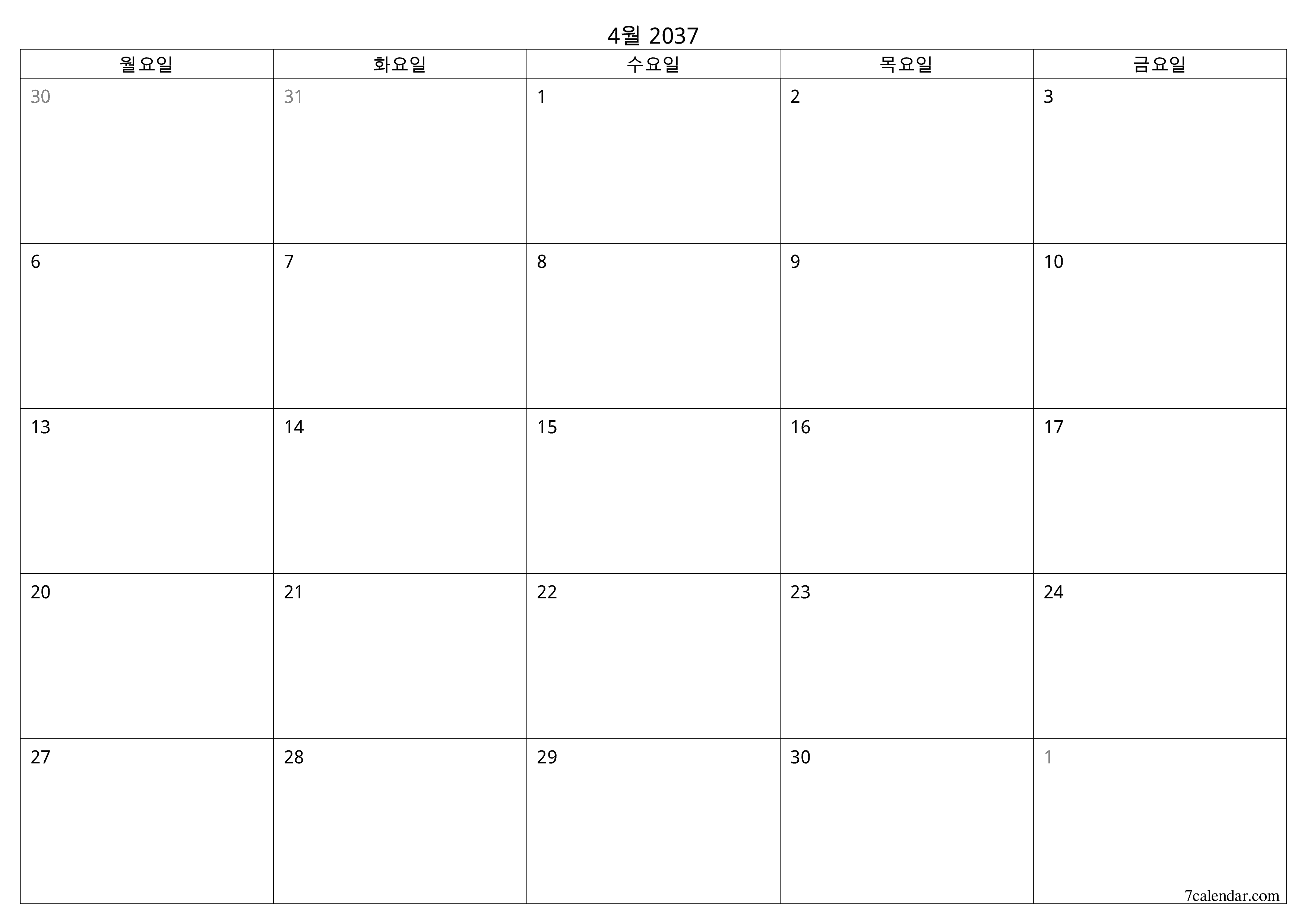메모가있는 4월 2037 월의 월간 플래너 비우기, PDF PNG Korean-7calendar.com으로 저장 및 인쇄