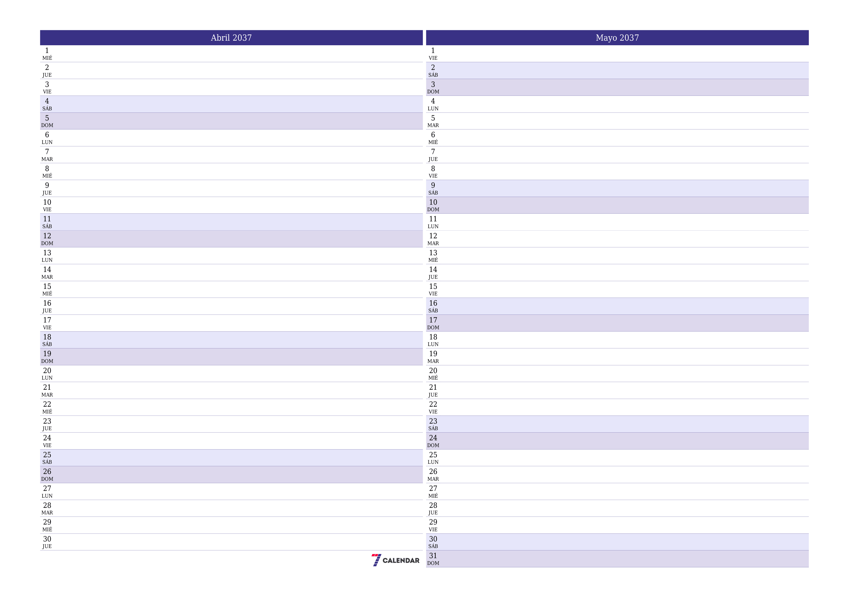 Planificador mensual vacío para el mes Abril 2037 con notas, guardar e imprimir en PDF PNG Spanish