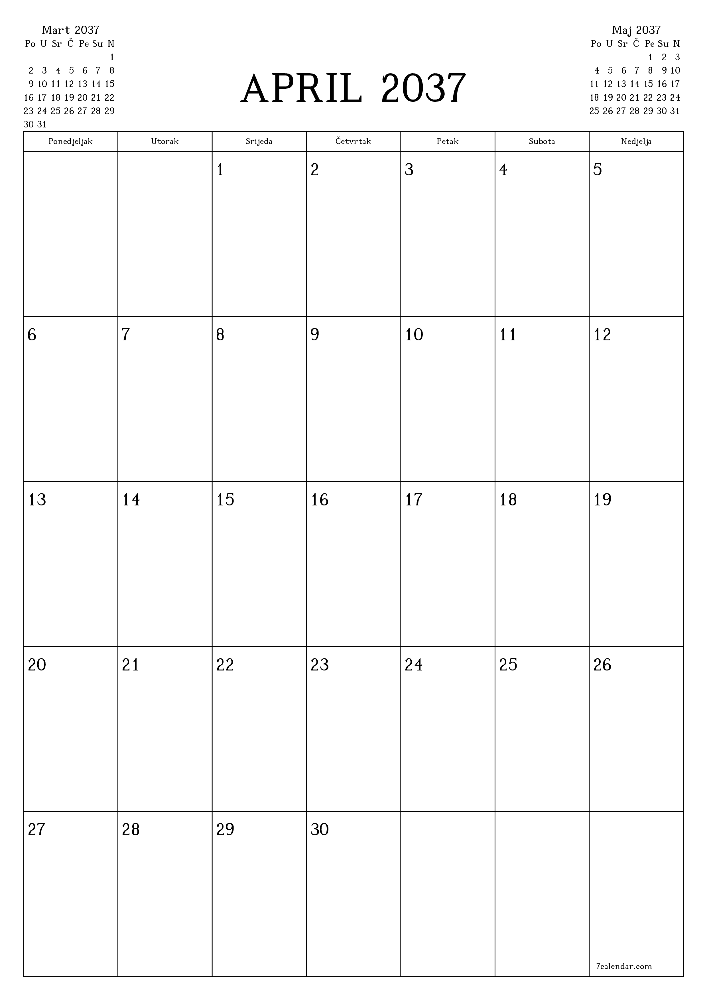 Ispraznite mjesečni planer za mjesec April 2037 s bilješkama, spremite i ispišite u PDF PNG Bosnian