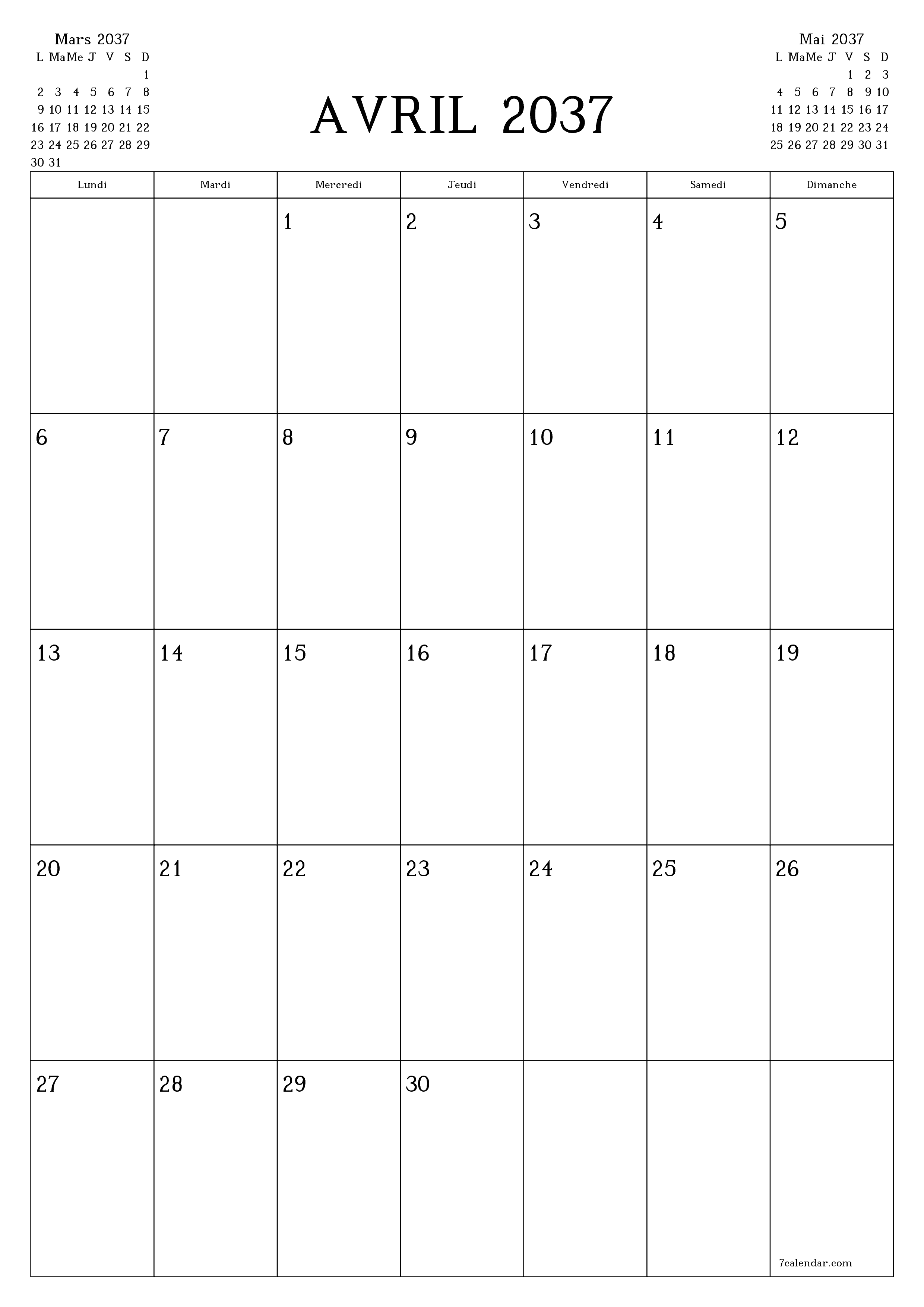  imprimable mural modèle de gratuitverticale Mensuel planificateur calendrier Avril (Avr) 2037