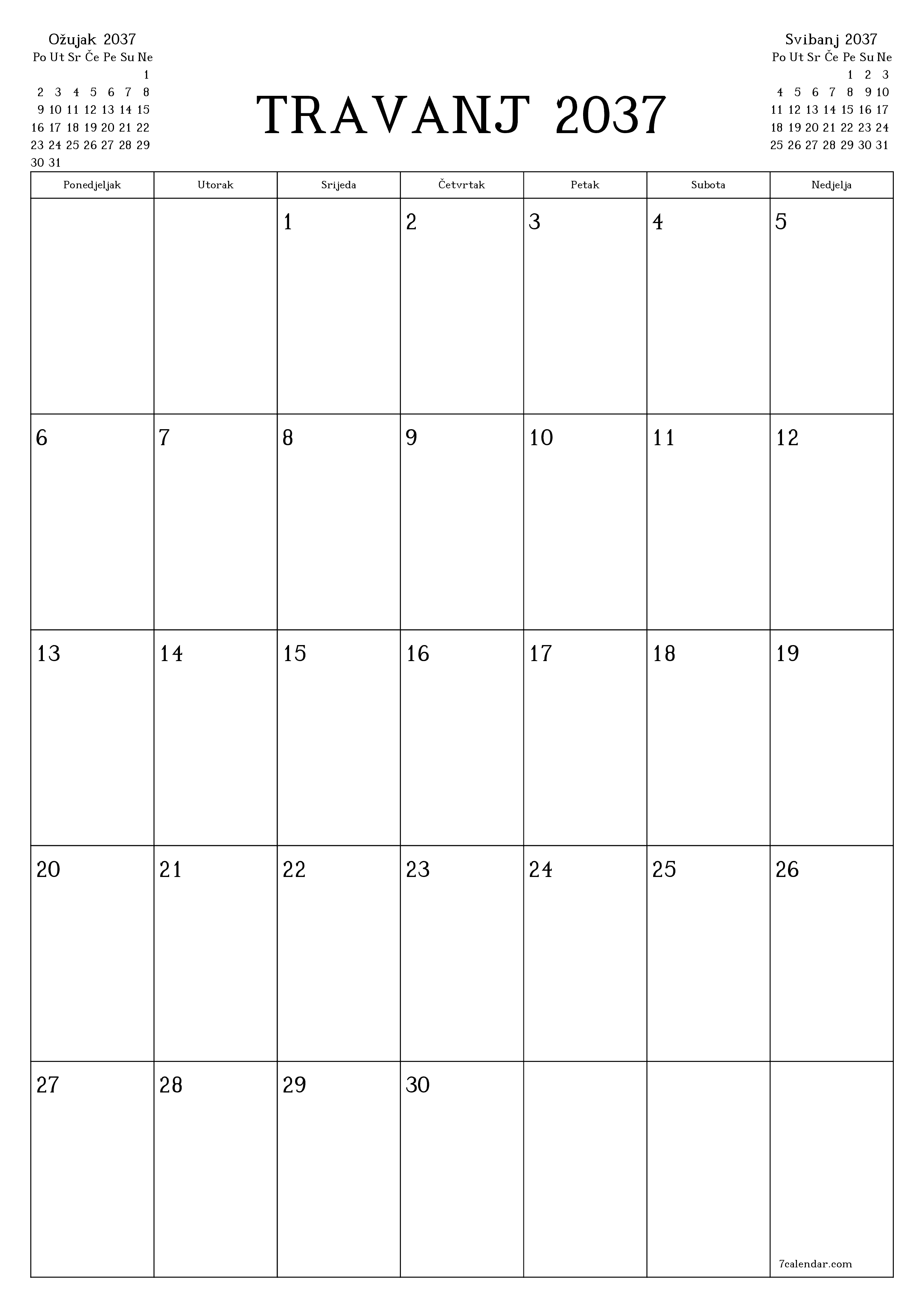  za ispis zidni predložak a besplatni okomito Mjesečni planer kalendar Travanj (Tra) 2037
