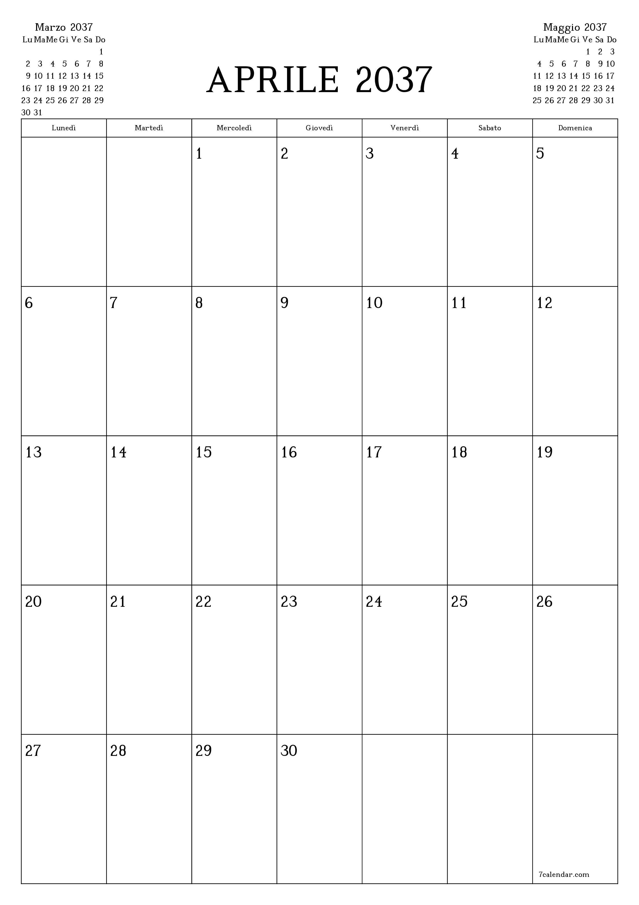  stampabile da parete modello di gratuitoverticale Mensile pianificatore calendario Aprile (Apr) 2037
