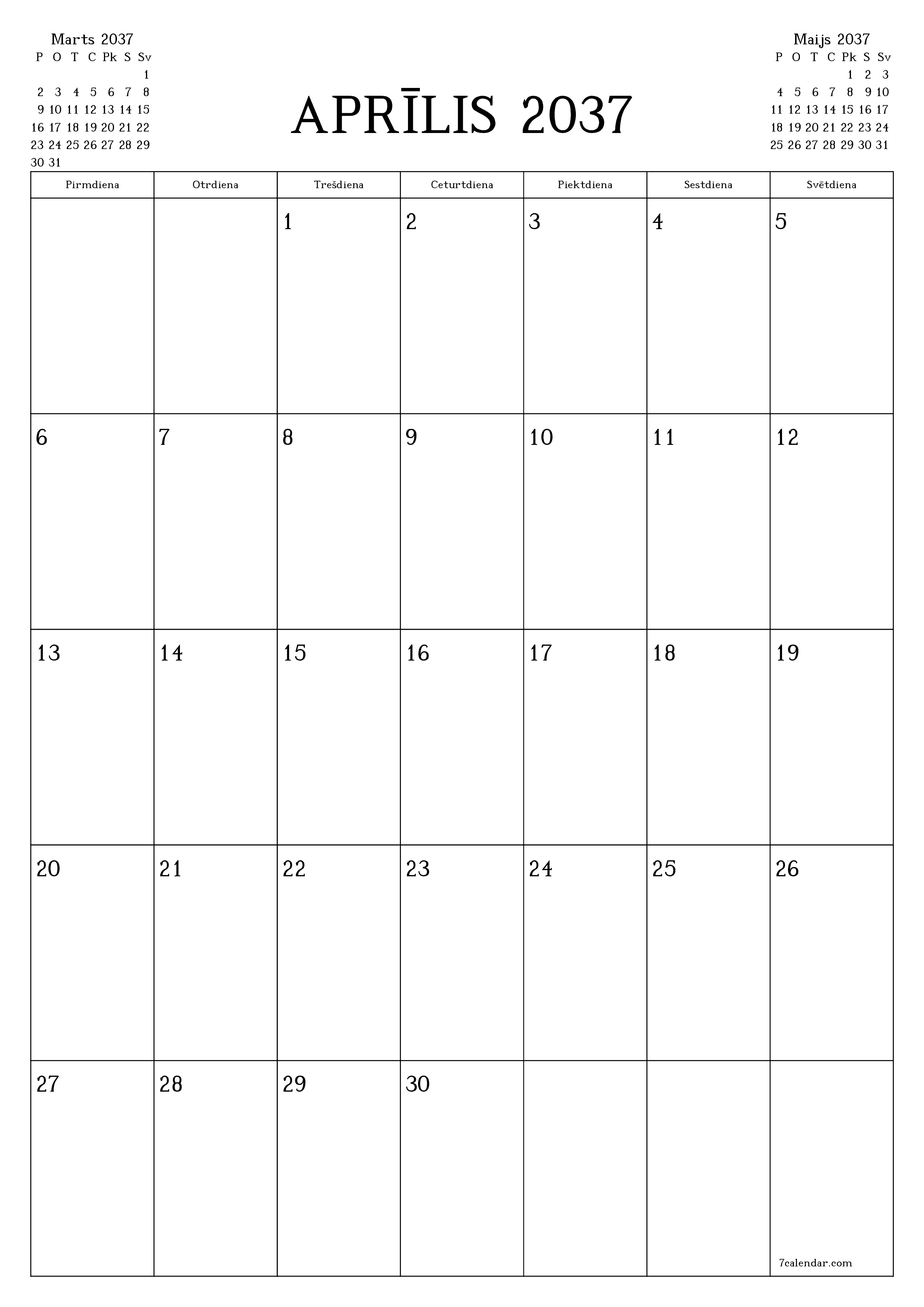 izdrukājams sienas kalendāra veidne bezmaksas vertikāli Mēneša plānotājs kalendārs Aprīlis (Apr) 2037