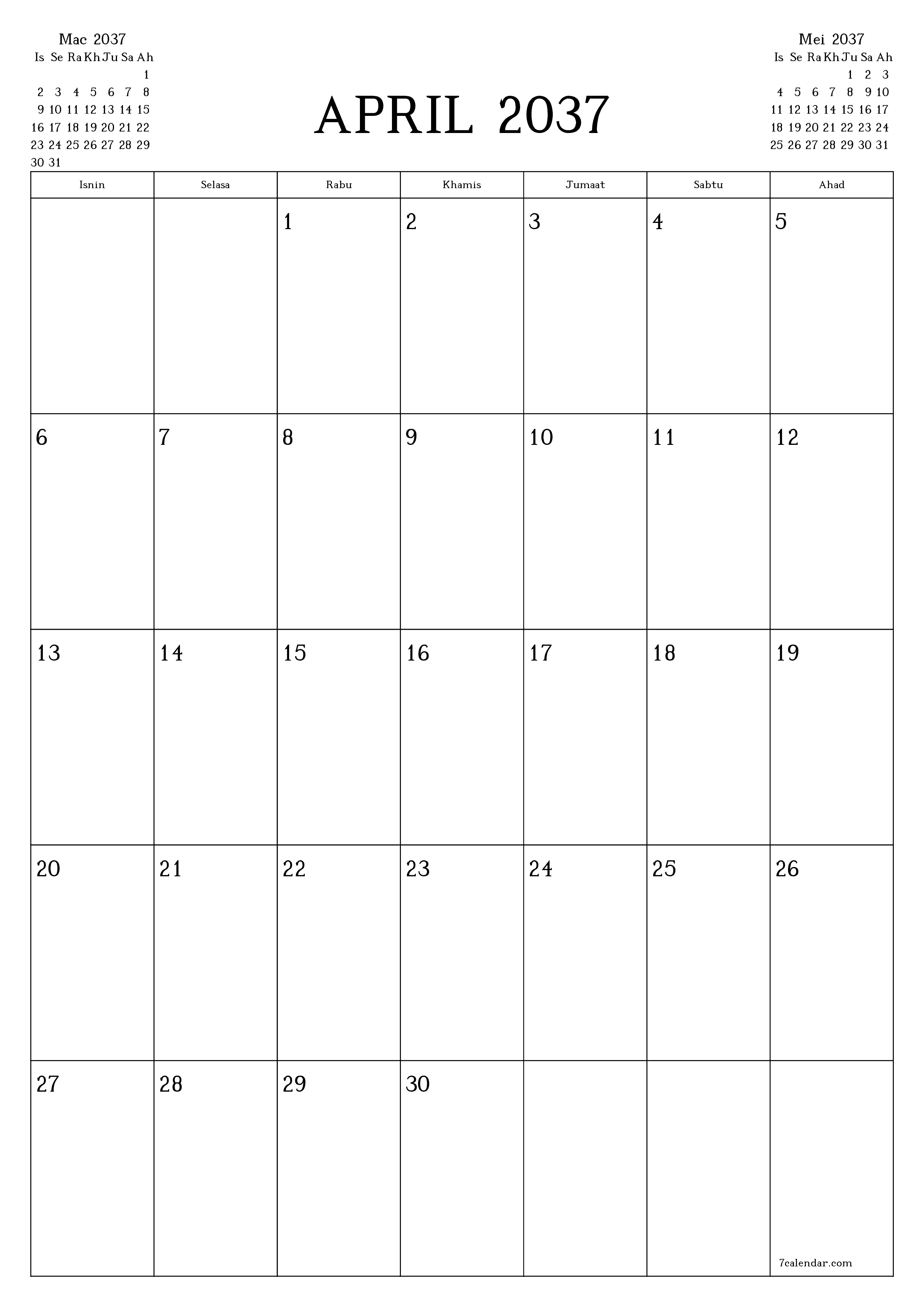  boleh cetak dinding templat percumamenegak Bulanan perancang kalendar April (Apr) 2037