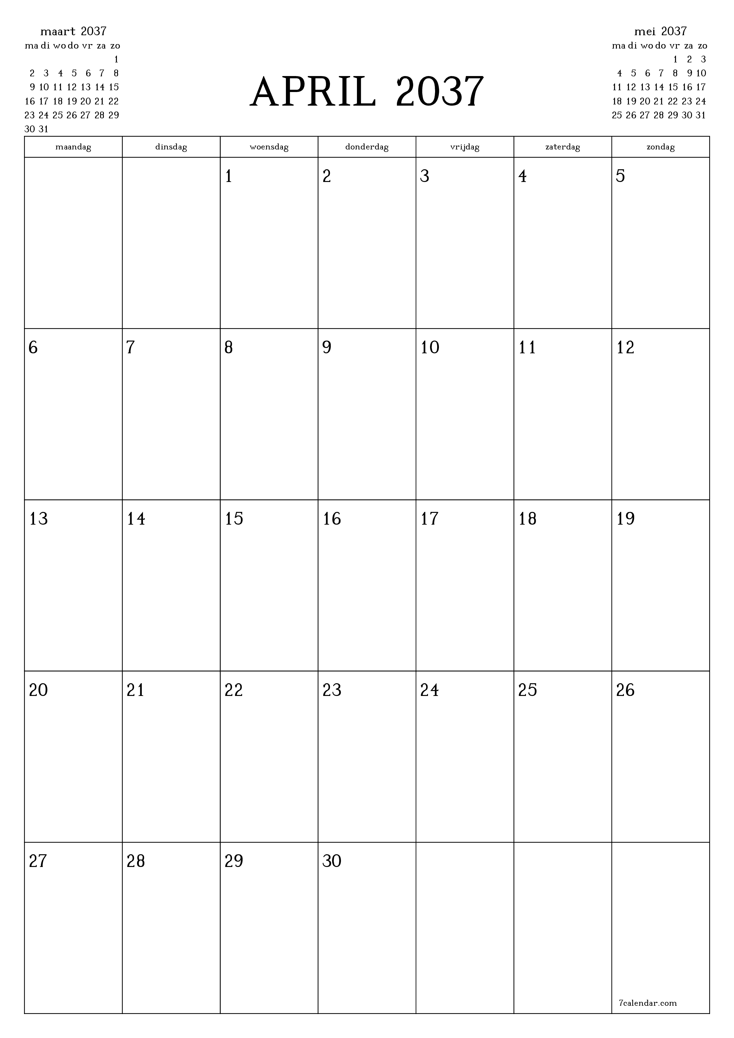 afdrukbare muur sjabloon gratis verticaal Maandelijks planner kalender april (apr) 2037