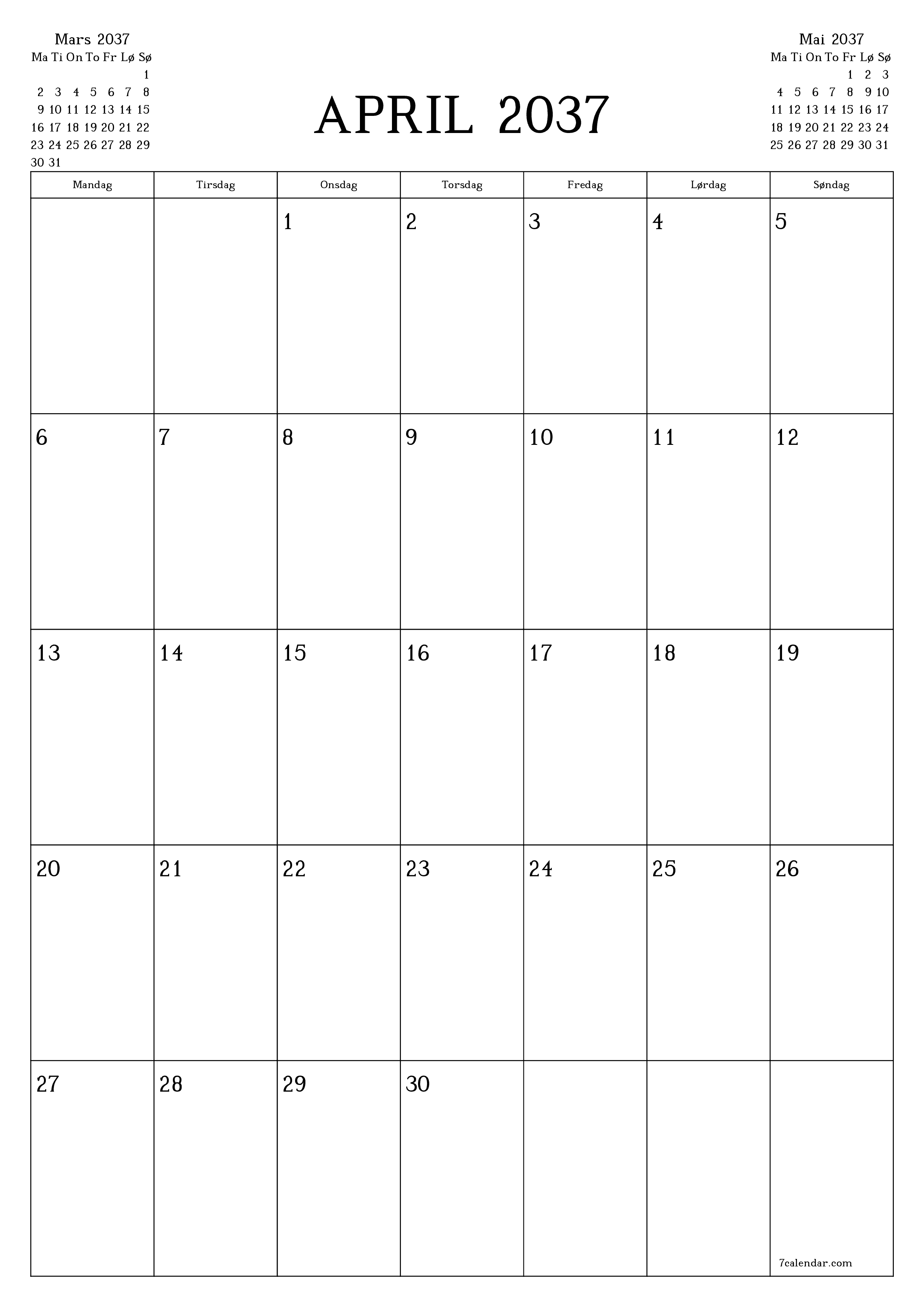 utskrivbar vegg mal gratis vertikal Månedlig planlegger kalender April (Apr) 2037