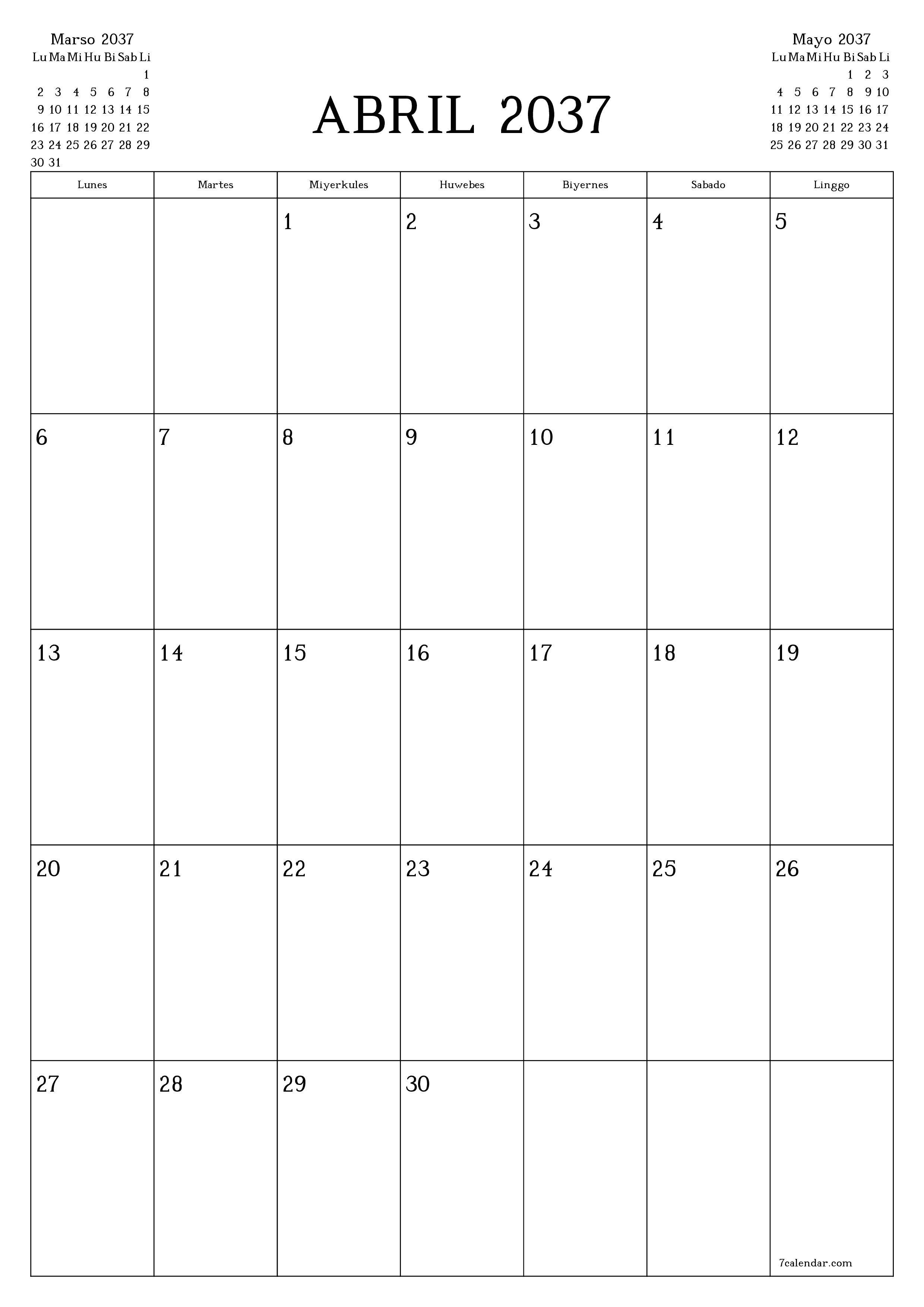 napi-print na sa dingding template ng libreng patayo Buwanang tagaplano kalendaryo Abril (Abr) 2037