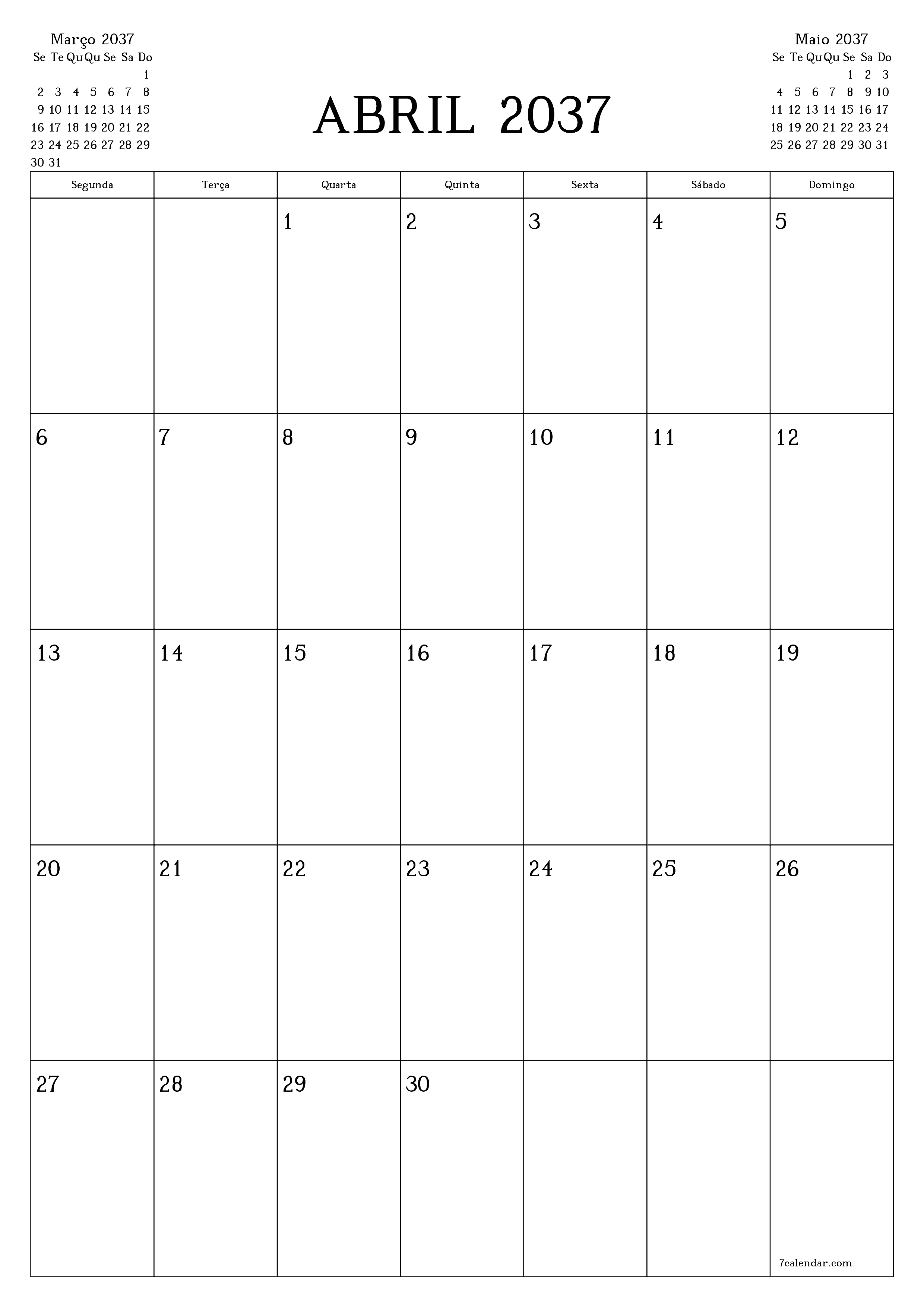  para impressão de parede modelo de grátisvertical Mensal planejador calendário Abril (Abr) 2037