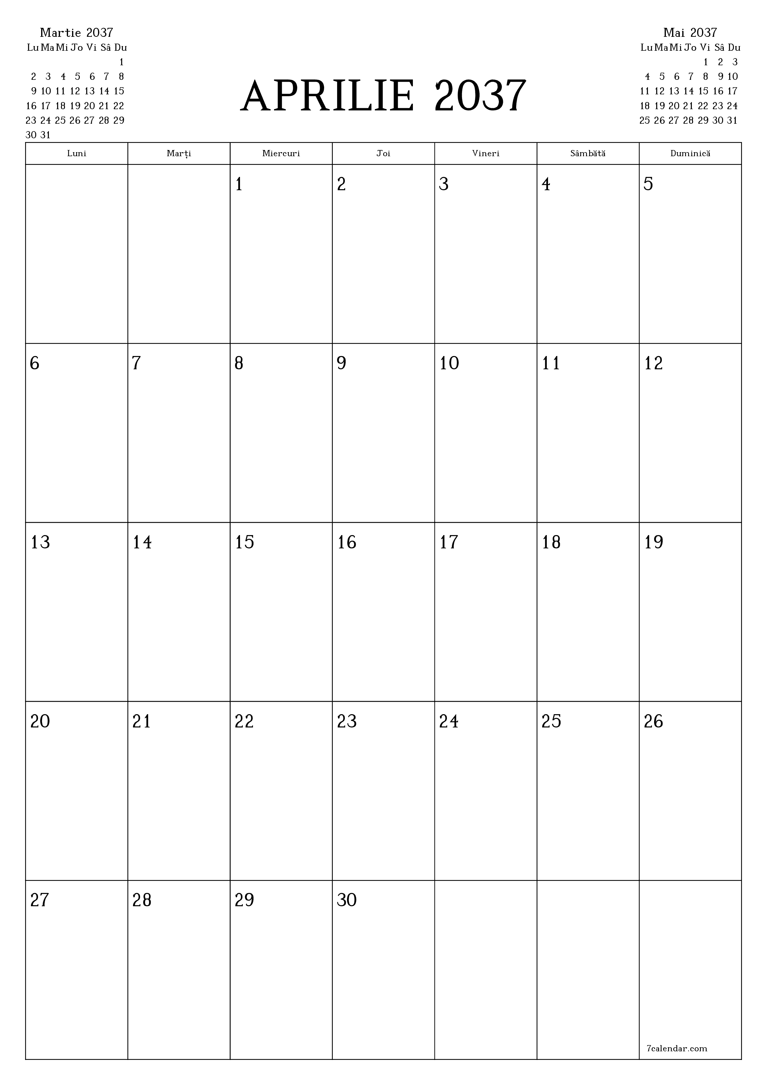  imprimabil de perete șablon de gratuitvertical Lunar planificator calendar Aprilie (Apr) 2037