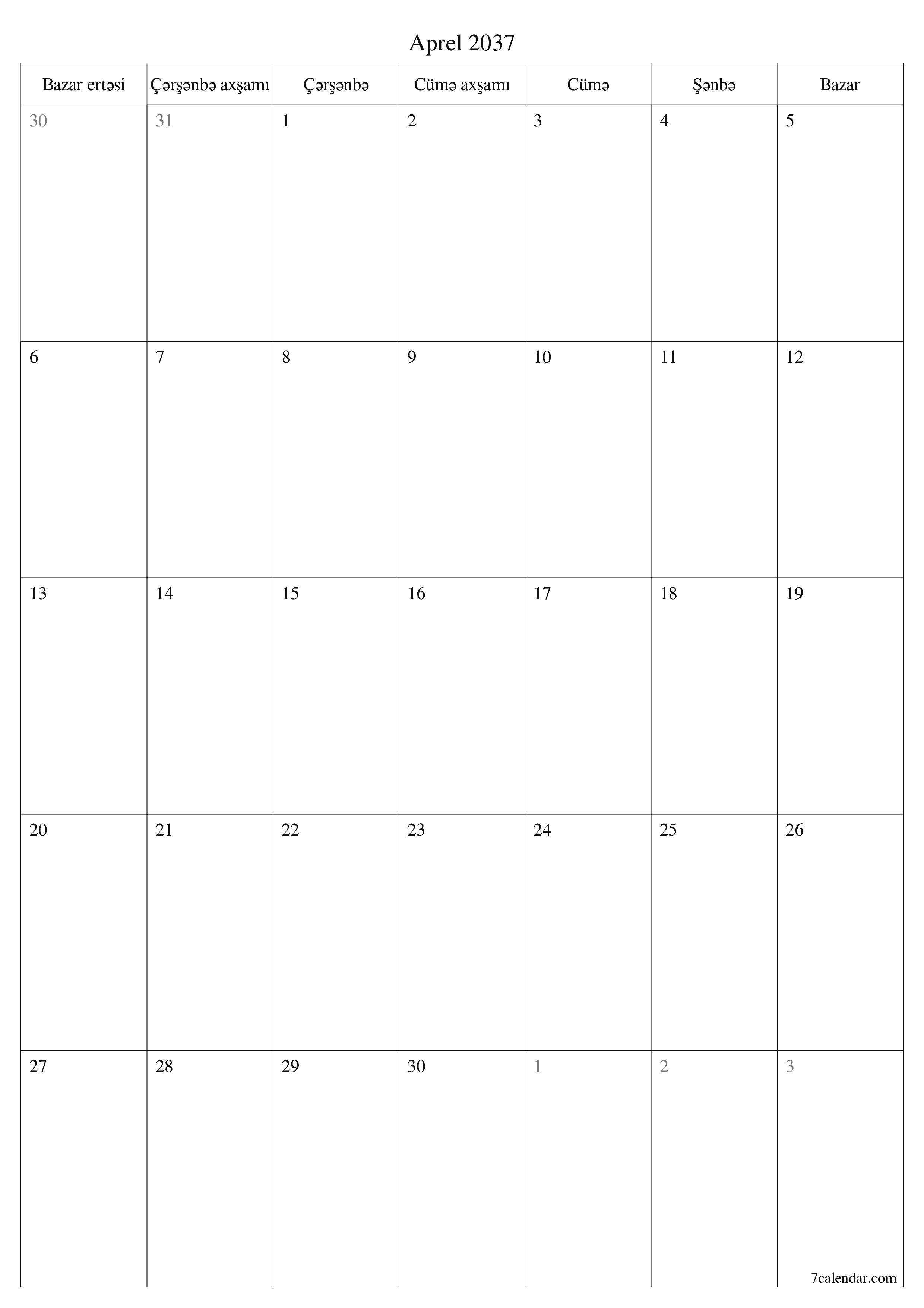 çap edilə bilən divar i şablonu pulsuz şaquli Aylıq planlaşdırıcı təqvim Aprel (Apr) 2037