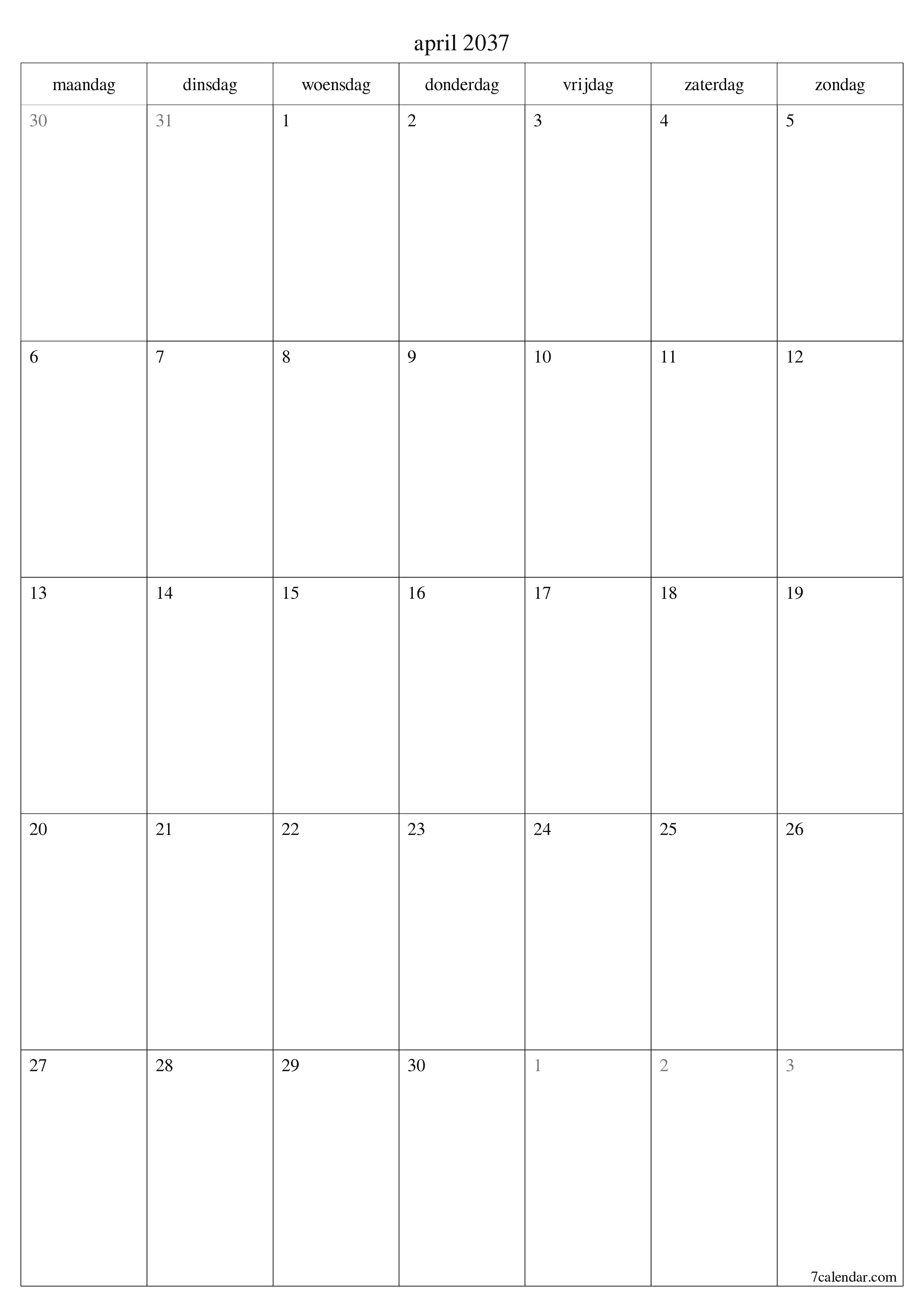 afdrukbare muur sjabloon gratis verticaal Maandelijks planner kalender april (apr) 2037