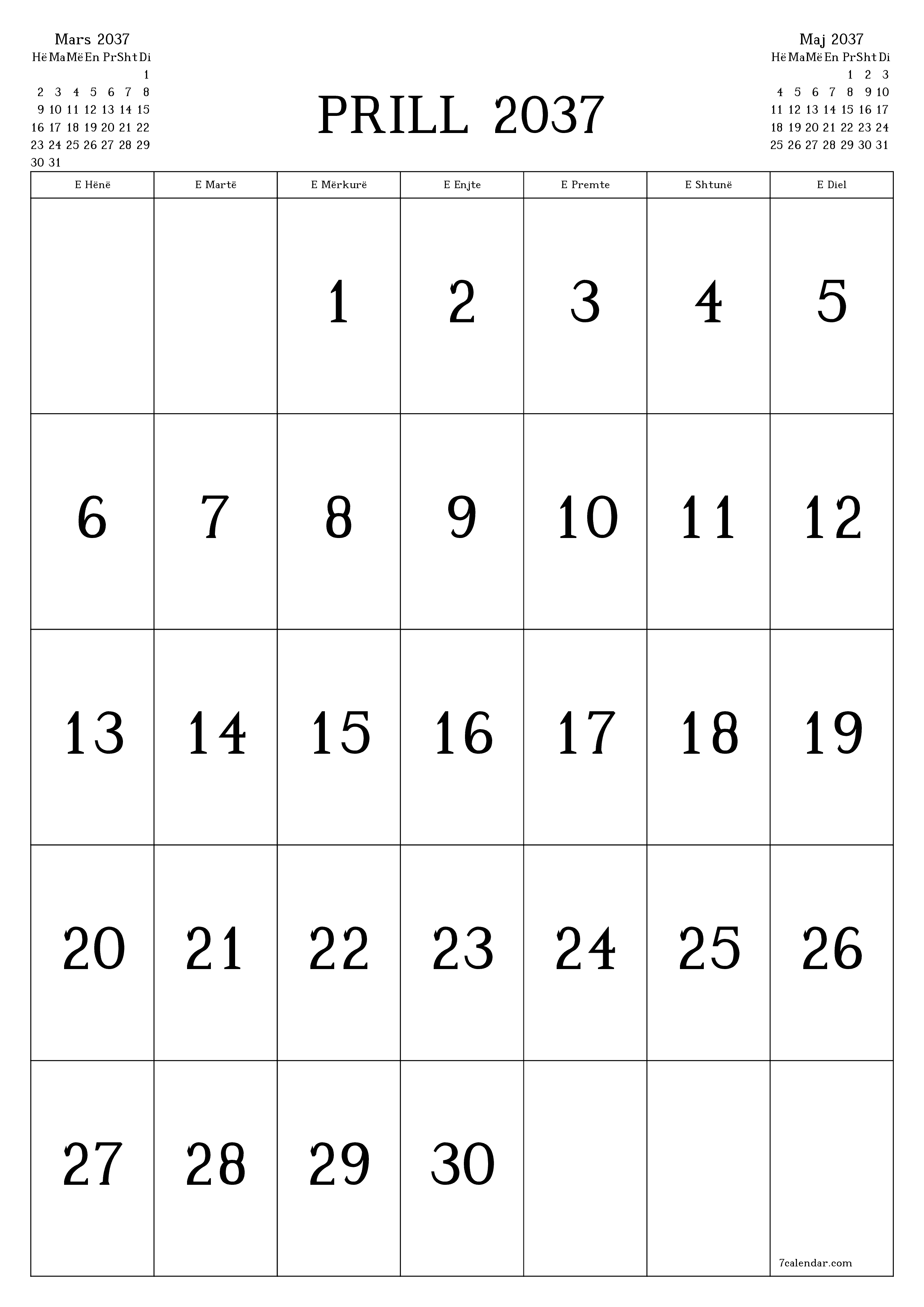  i printueshëm muri shabllon falasvertikale mujore kalendar Prill (Pri) 2037