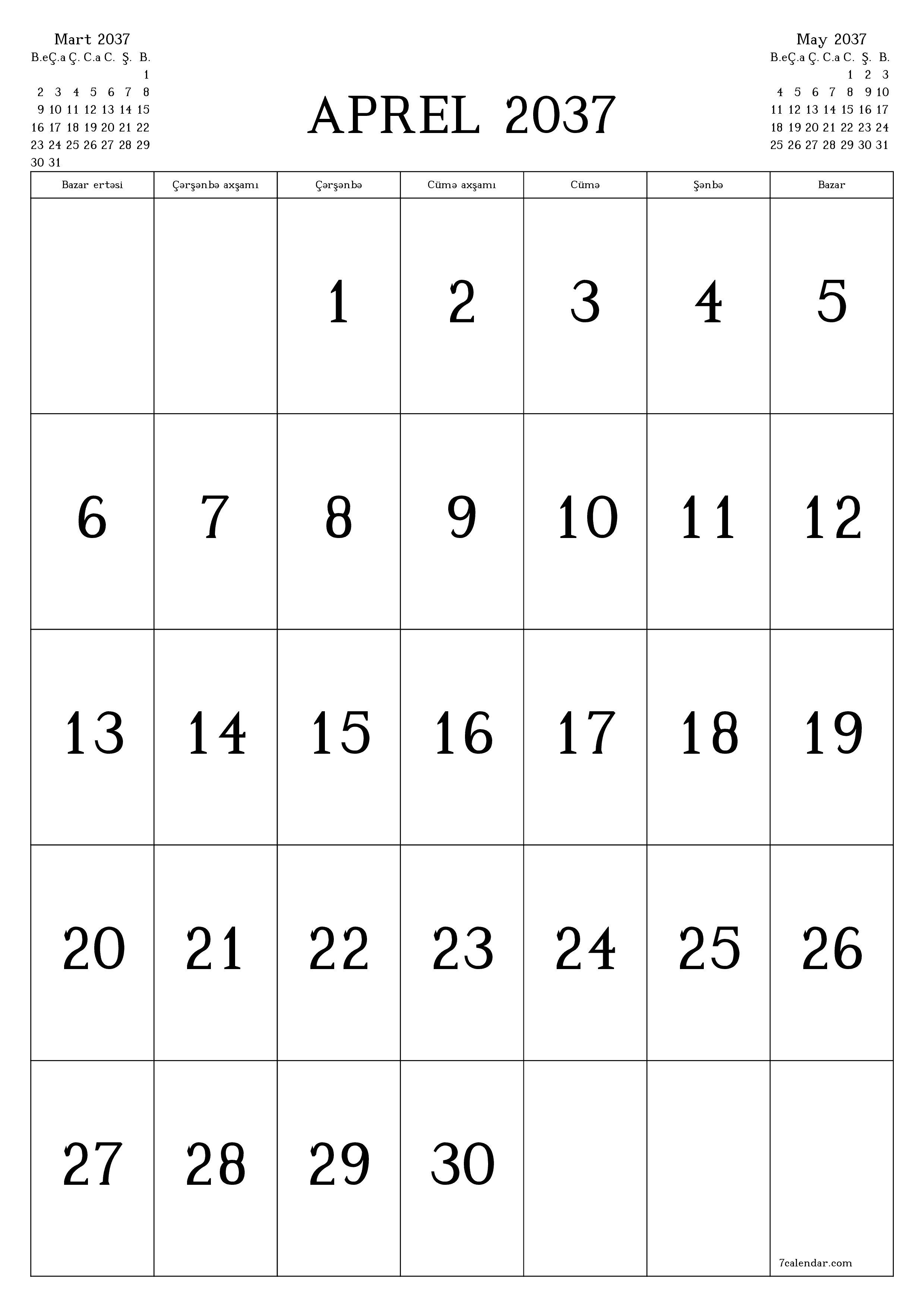 çap edilə bilən divar i şablonu pulsuz şaquli Aylıq təqvim Aprel (Apr) 2037
