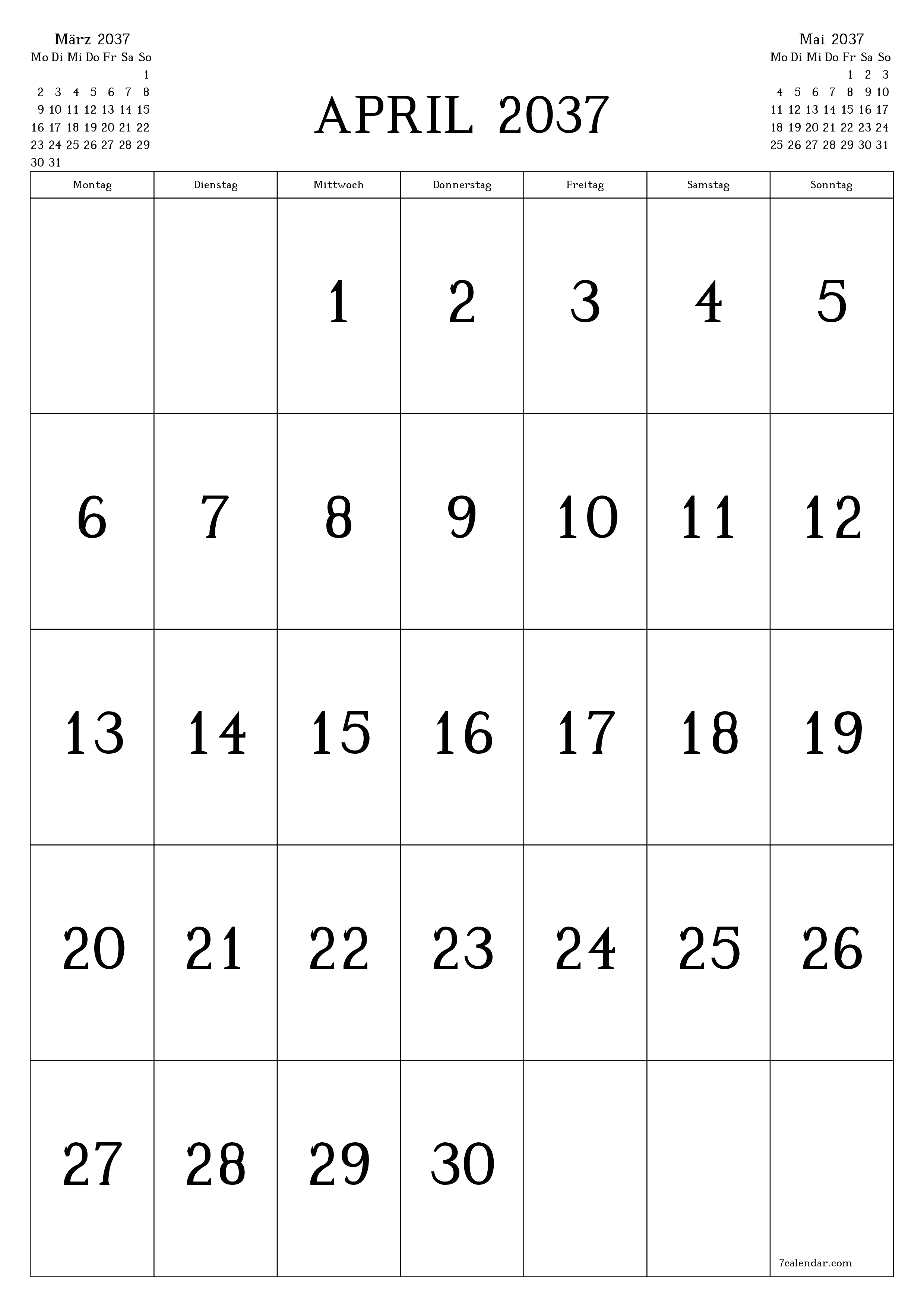  zum Ausdrucken Wandkalender vorlage kostenloser vertikal Monatlich Kalender April (Apr) 2037