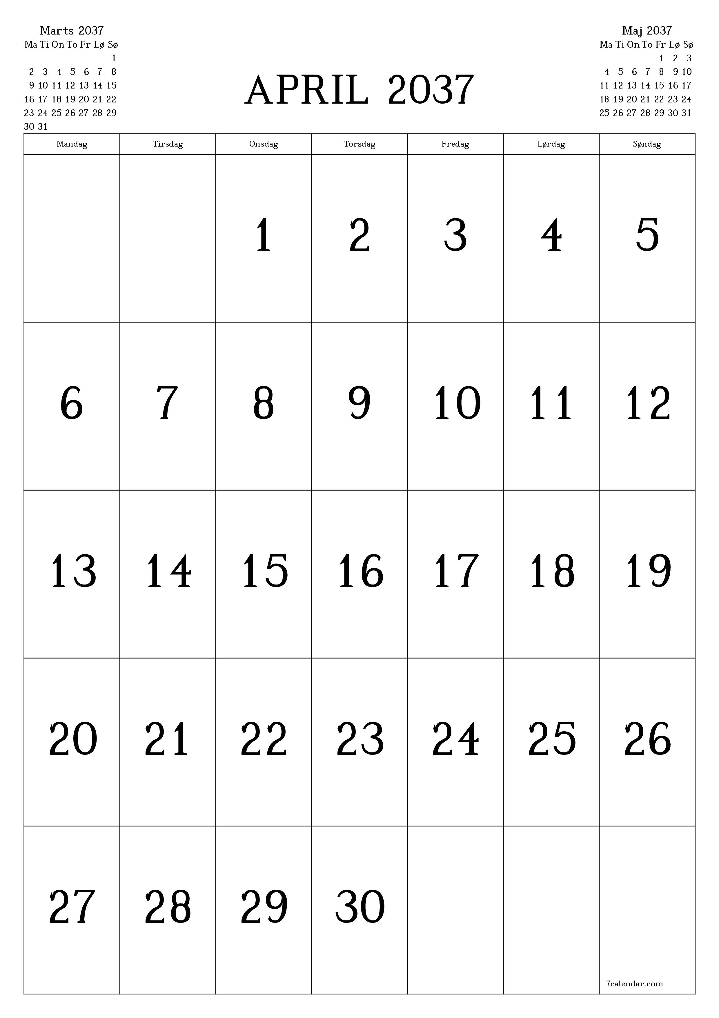 udskrivbar væg skabelon gratis lodret Månedlig kalender April (Apr) 2037