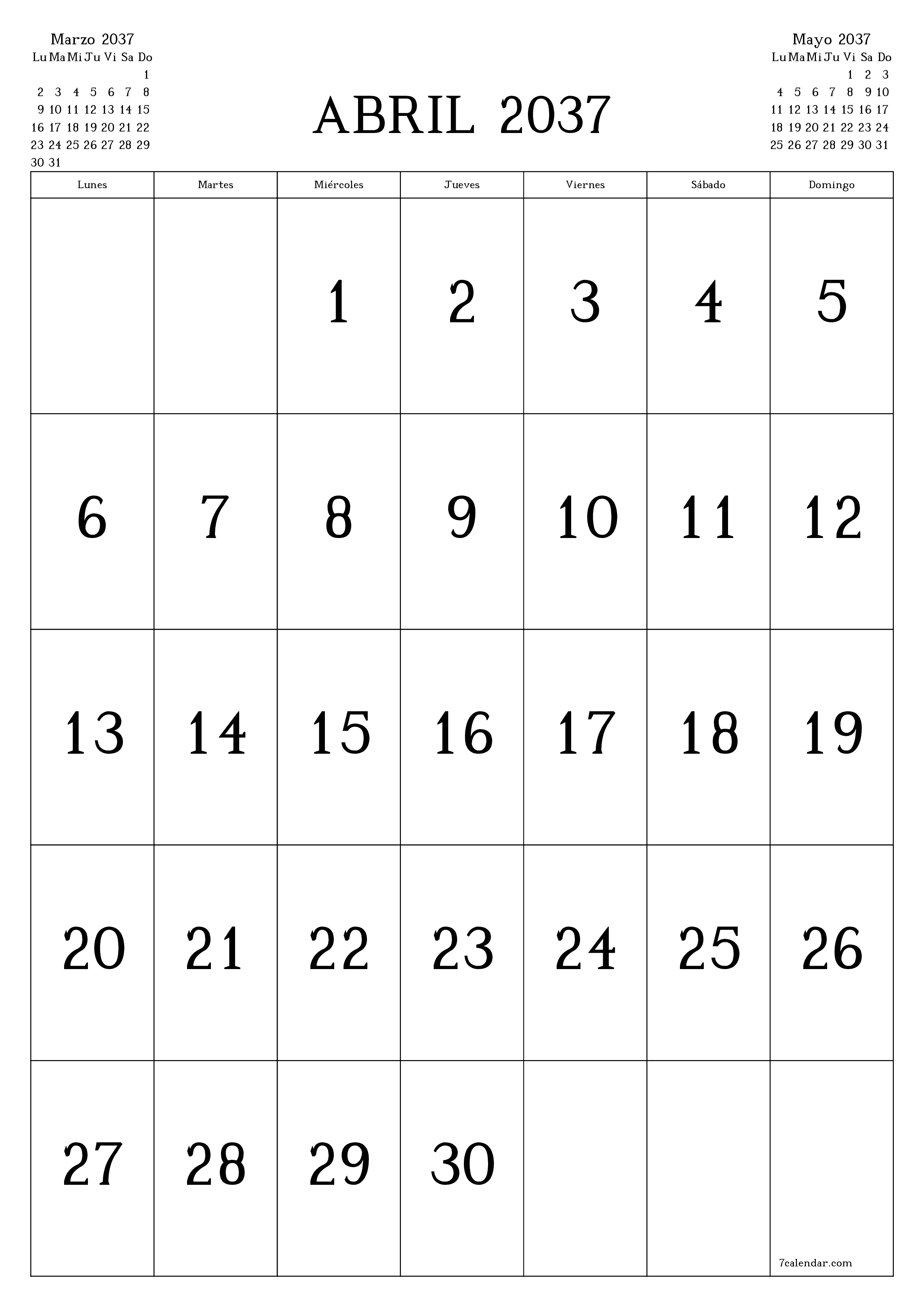  imprimible de pared plantilla de gratisvertical Mensual calendario Abril (Abr) 2037