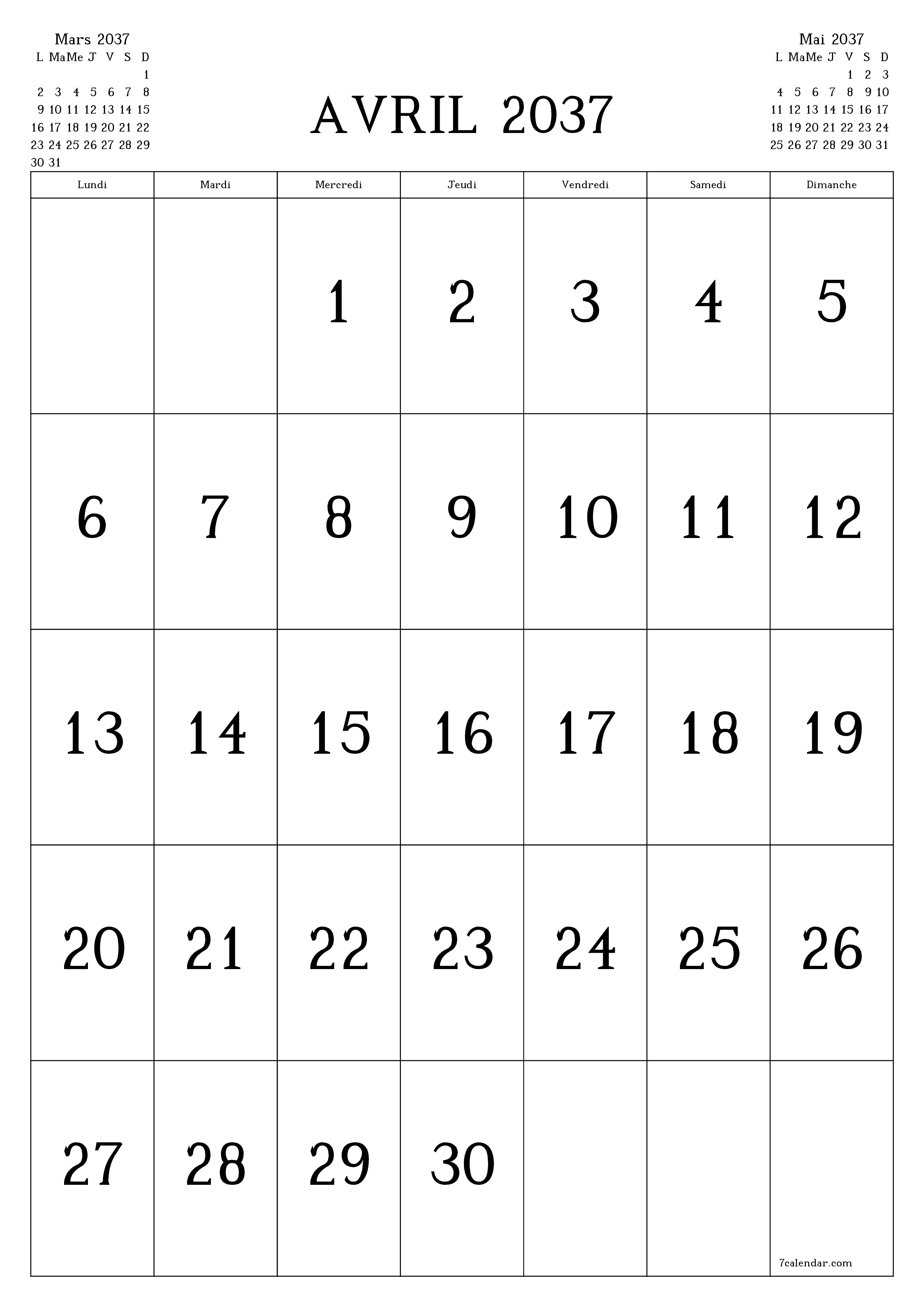  imprimable mural modèle de gratuitverticale Mensuel calendrier Avril (Avr) 2037