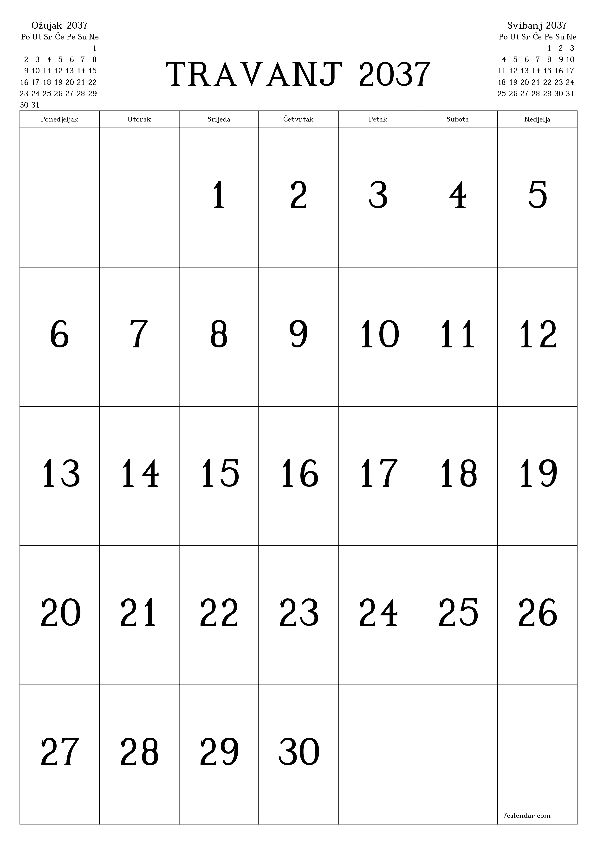  za ispis zidni predložak a besplatni okomito Mjesečni kalendar Travanj (Tra) 2037