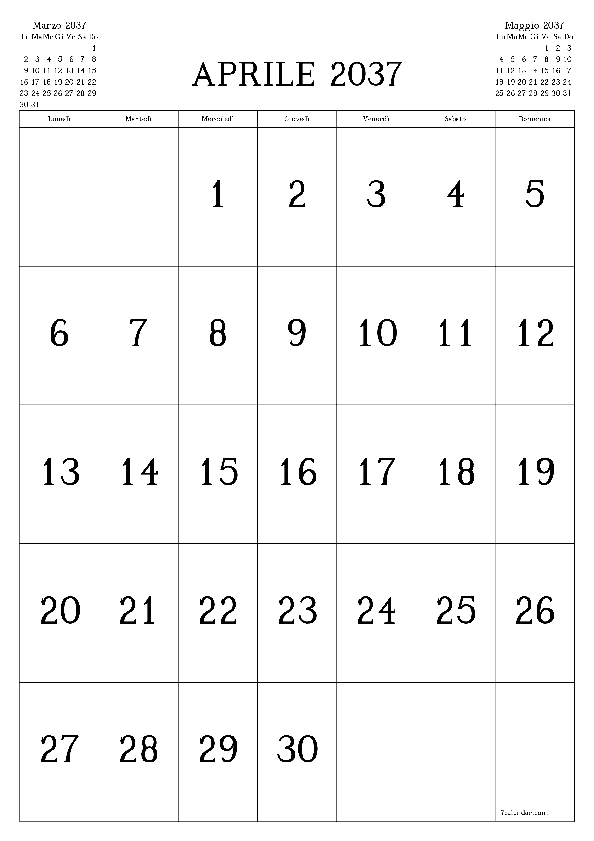  stampabile da parete modello di gratuitoverticale Mensile calendario Aprile (Apr) 2037