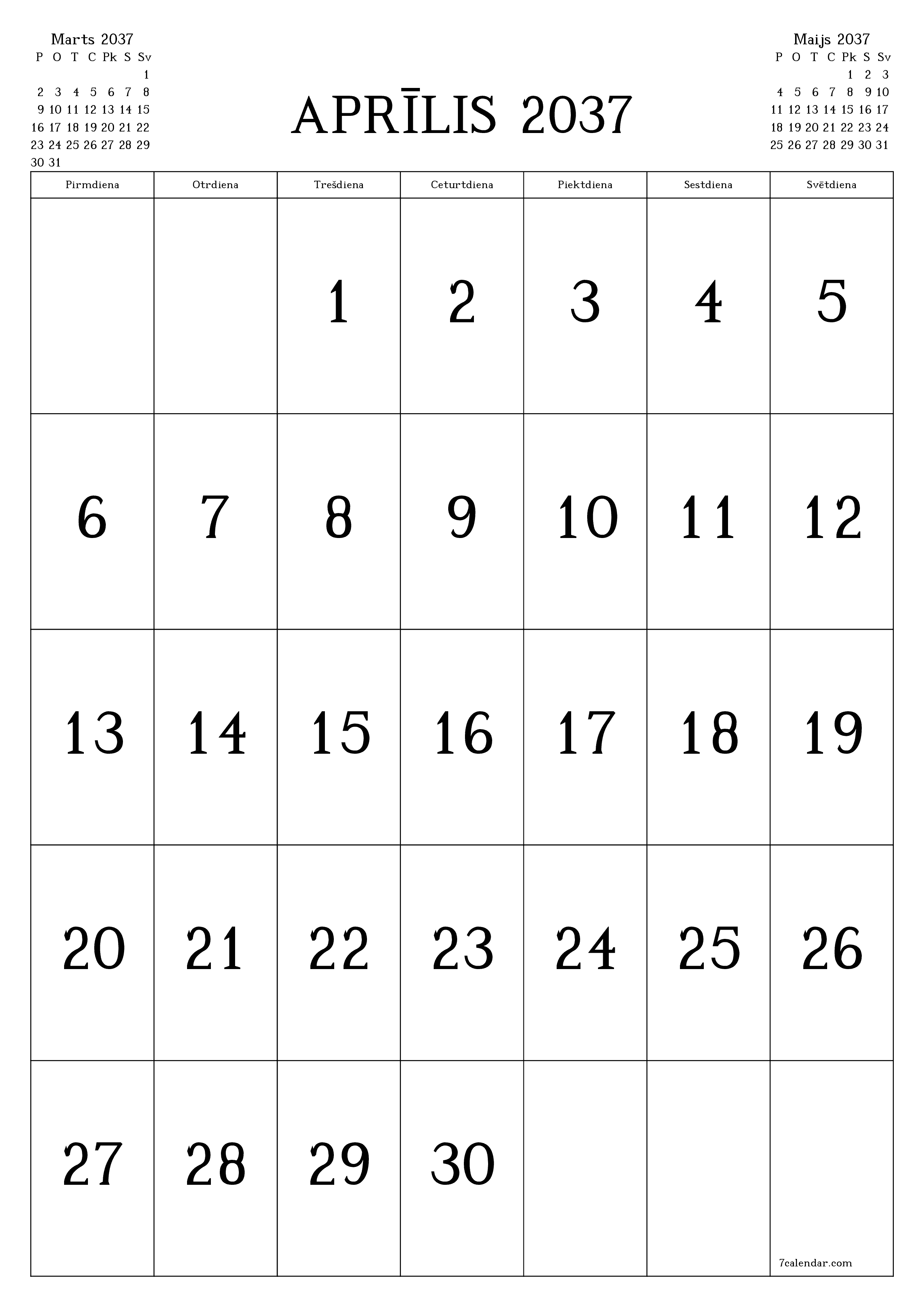 izdrukājams sienas kalendāra veidne bezmaksas vertikāli Mēneša kalendārs Aprīlis (Apr) 2037