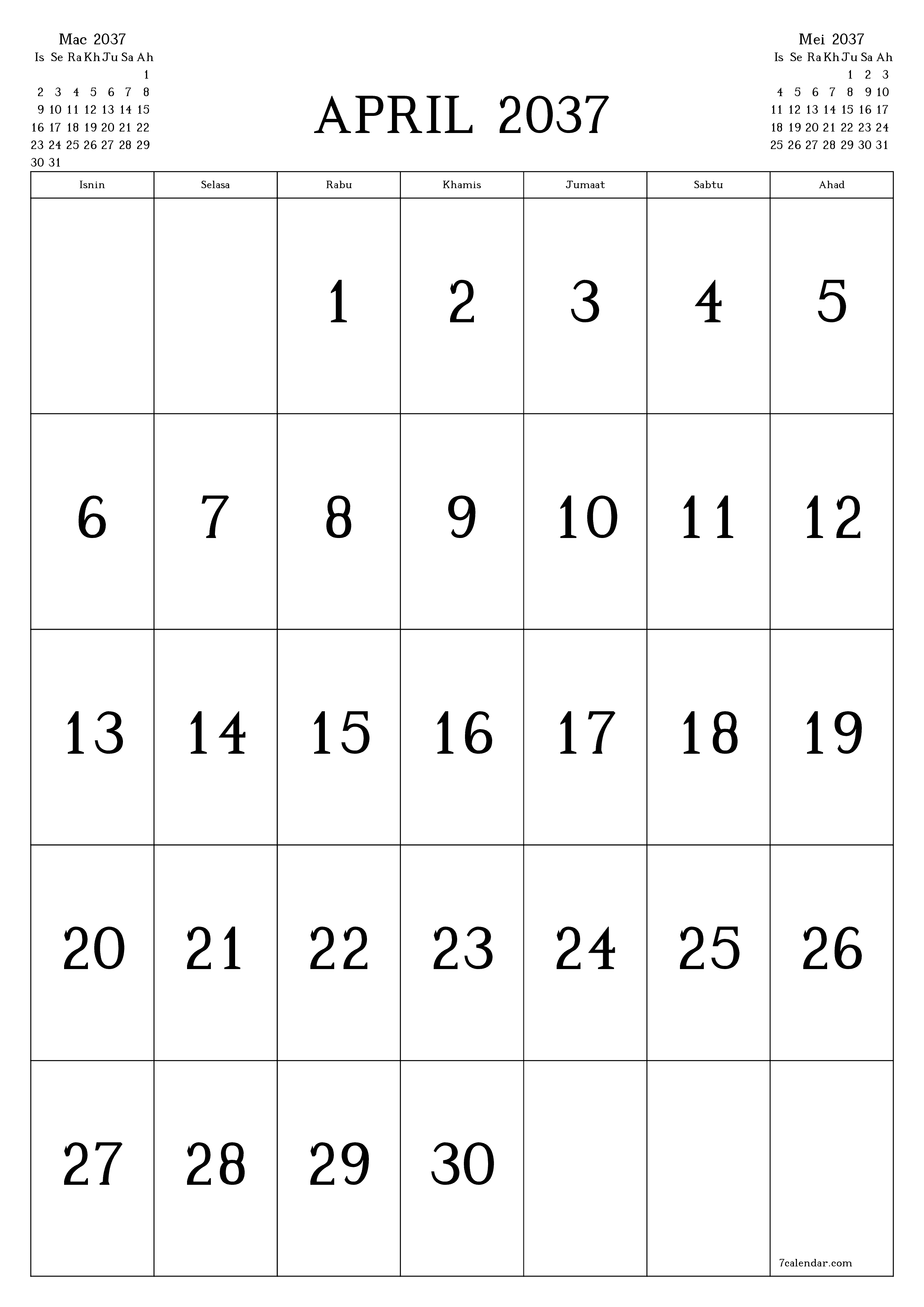  boleh cetak dinding templat percumamenegak Bulanan kalendar April (Apr) 2037