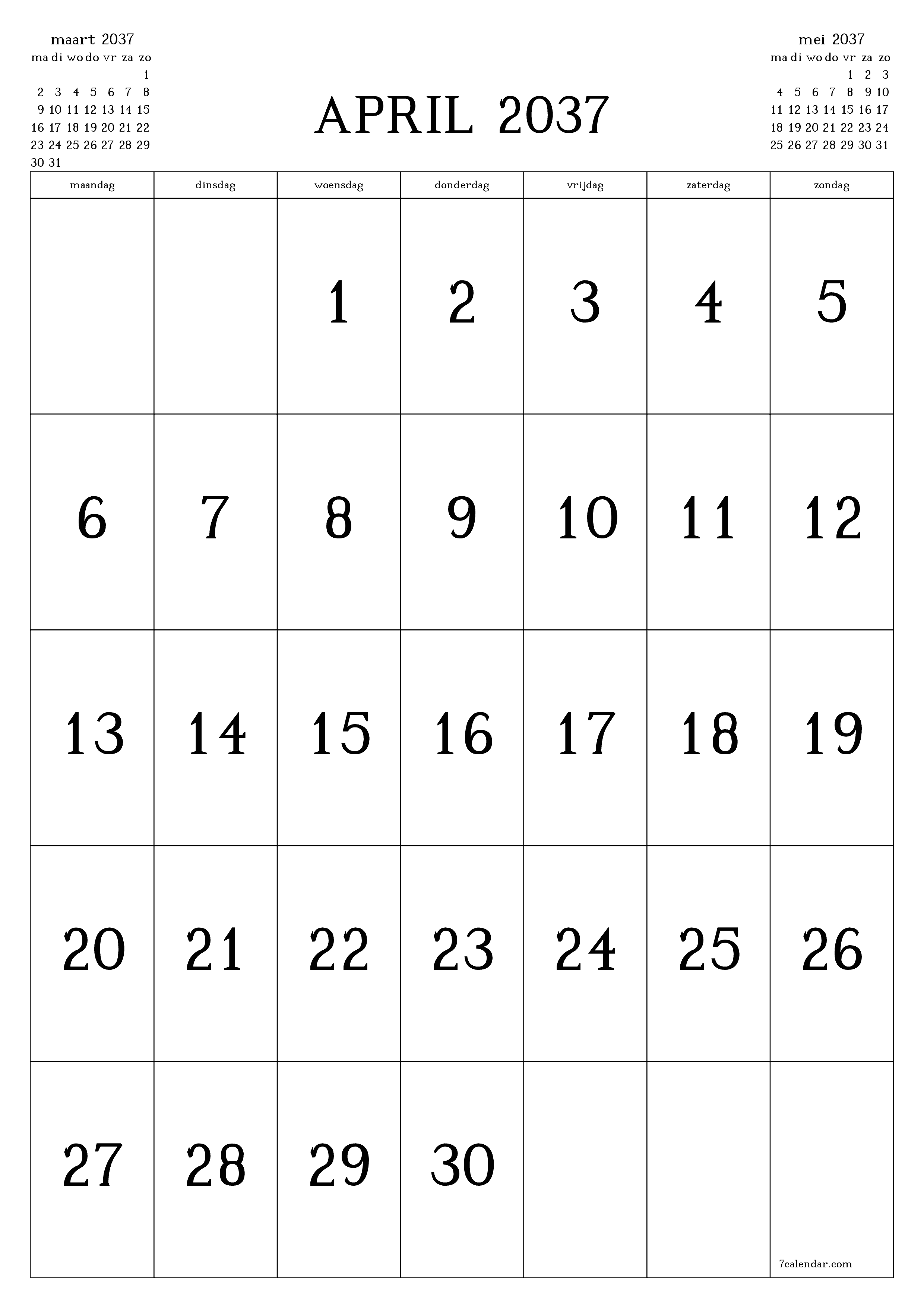 afdrukbare muur sjabloon gratis verticaal Maandelijks kalender april (apr) 2037