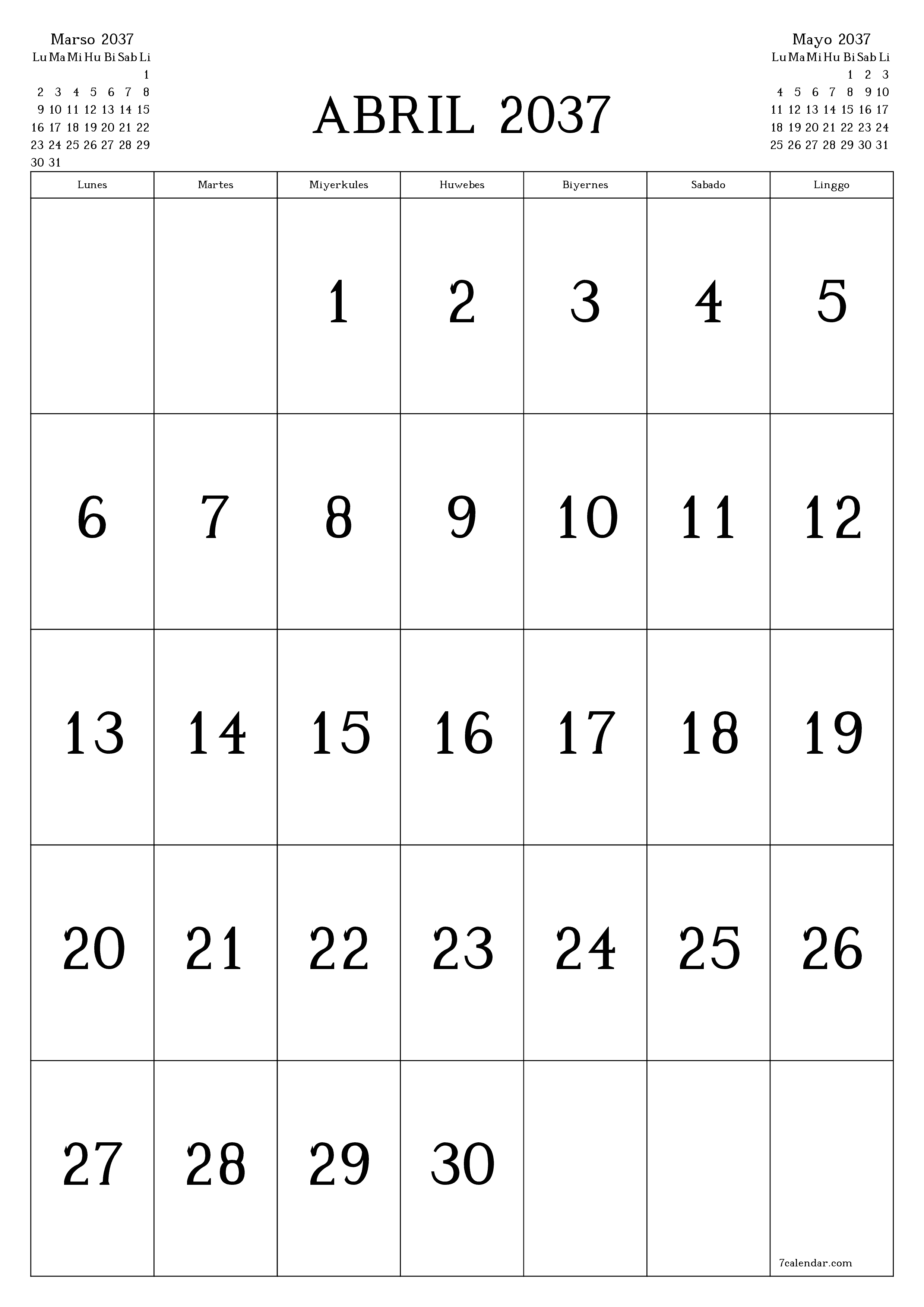 napi-print na sa dingding template ng libreng patayo Buwanang kalendaryo Abril (Abr) 2037