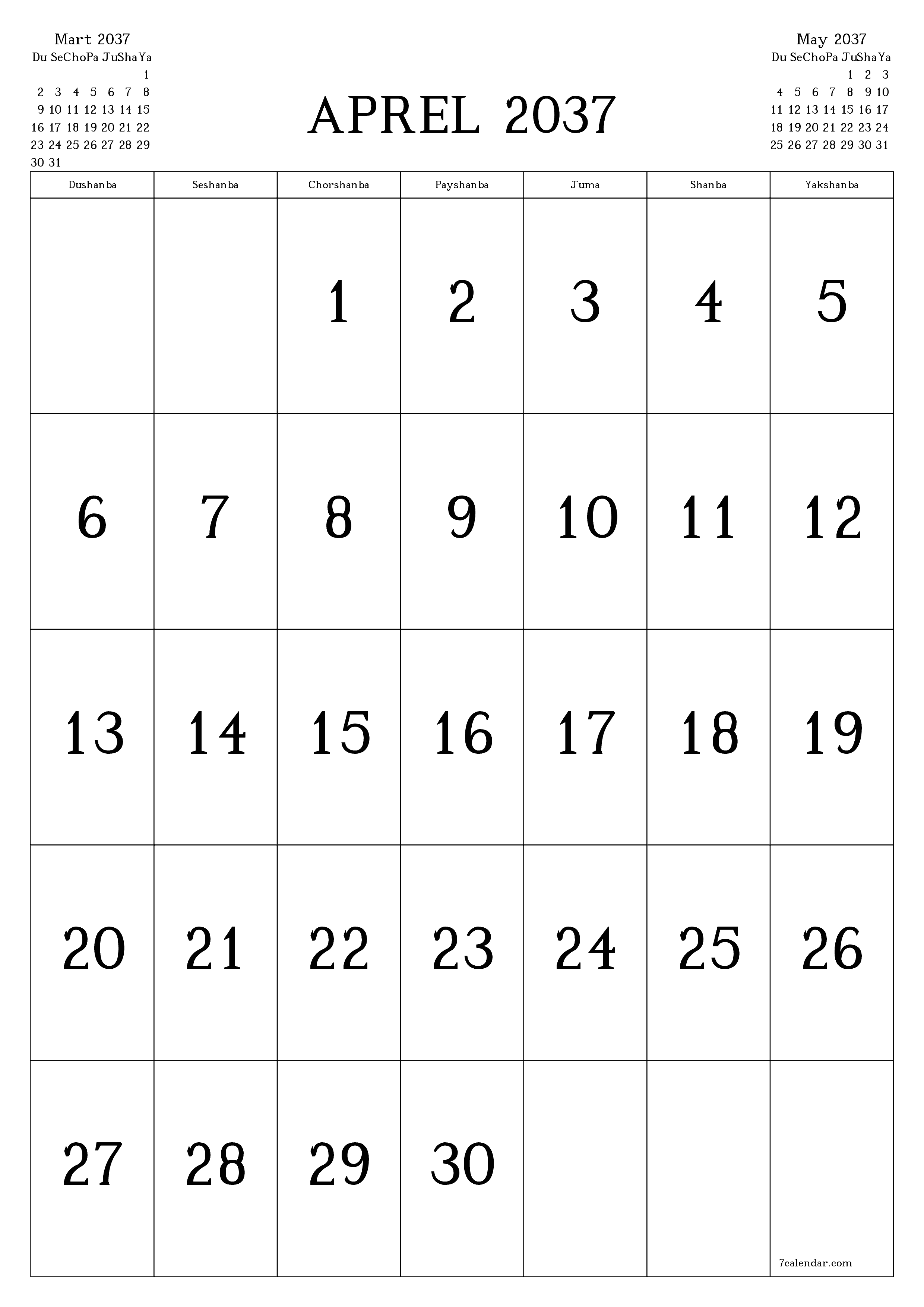 chop etiladigan devor taqvimi shabloni bepul vertikal Oylik kalendar Aprel (Apr) 2037