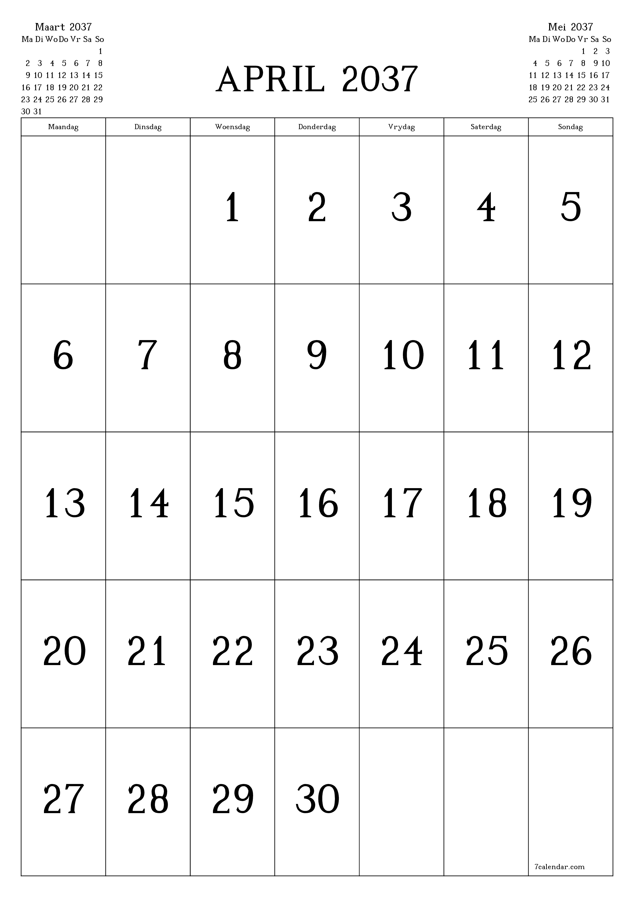 drukbare muur template gratis vertikaal Maandeliks kalender April (Apr) 2037