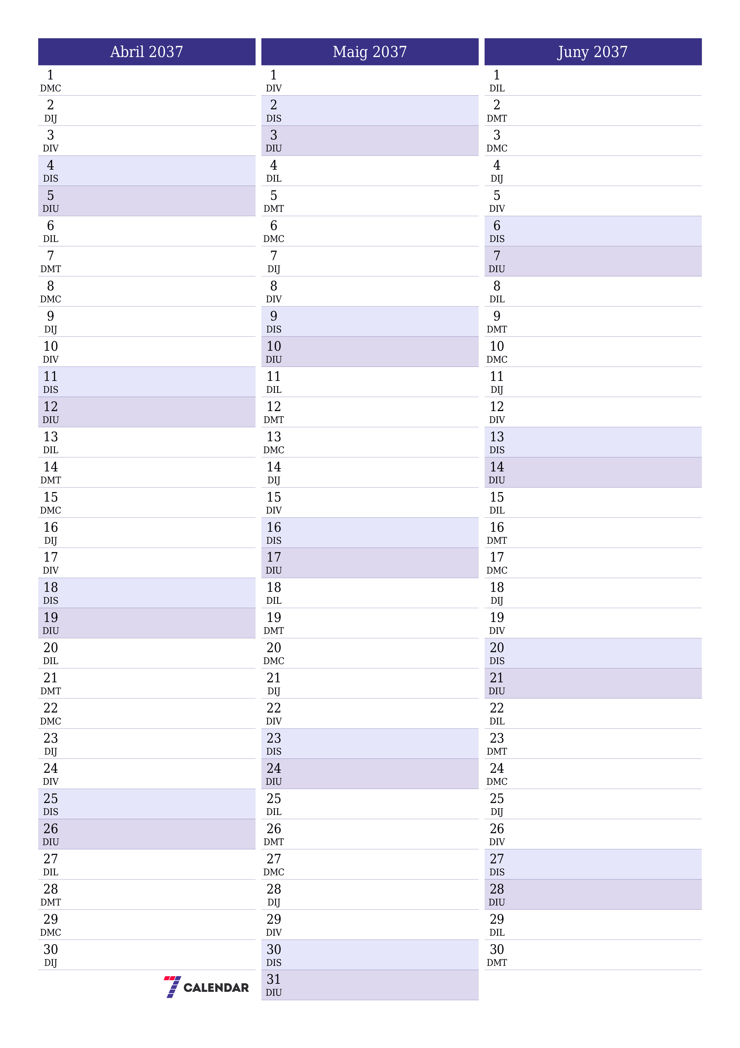 Planificador mensual buit del mes Abril 2037 amb notes, deseu-lo i imprimiu-lo en format PDF PNG Catalan