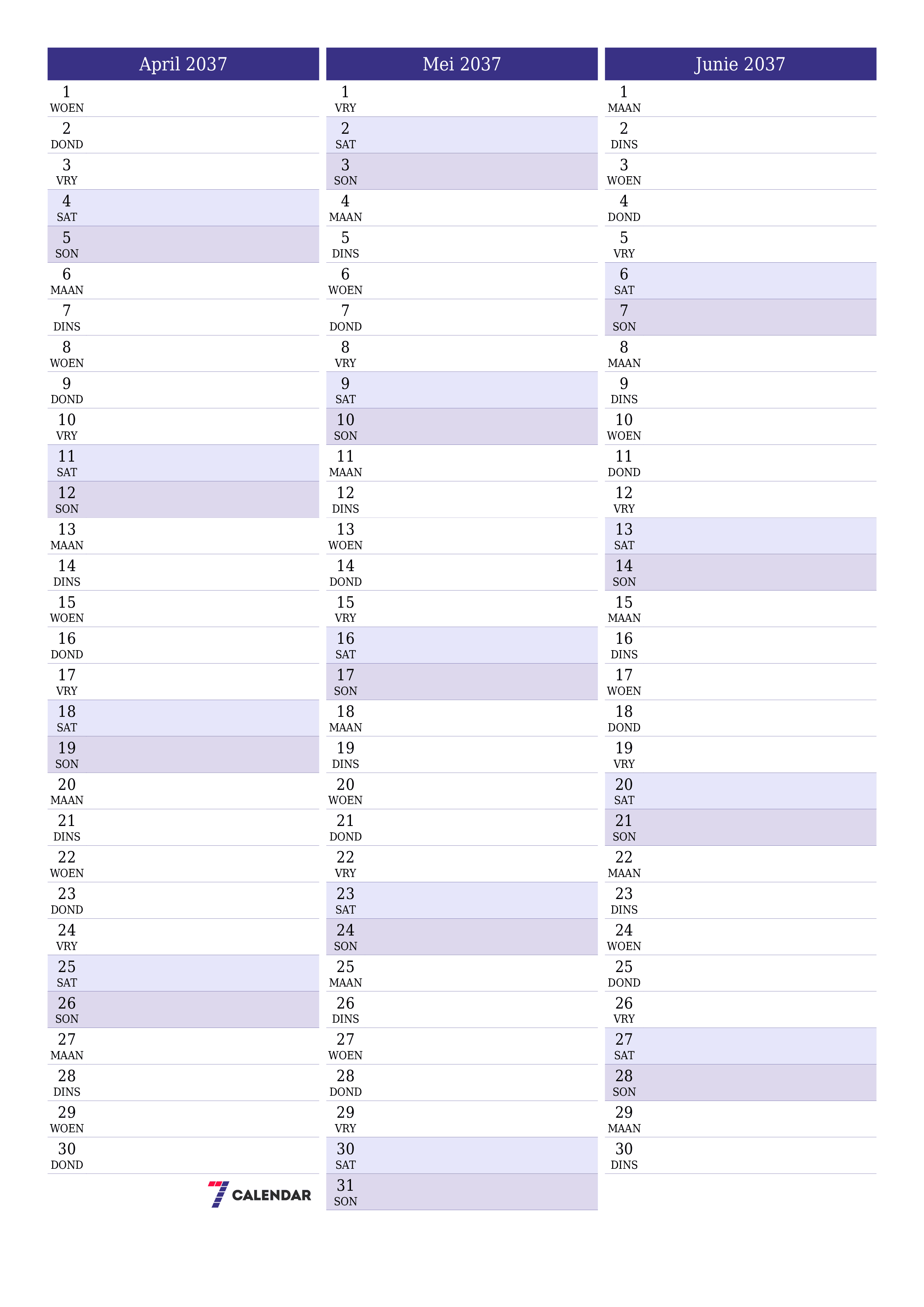 drukbare muur template gratis vertikaal Maandeliks beplanner kalender April (Apr) 2037