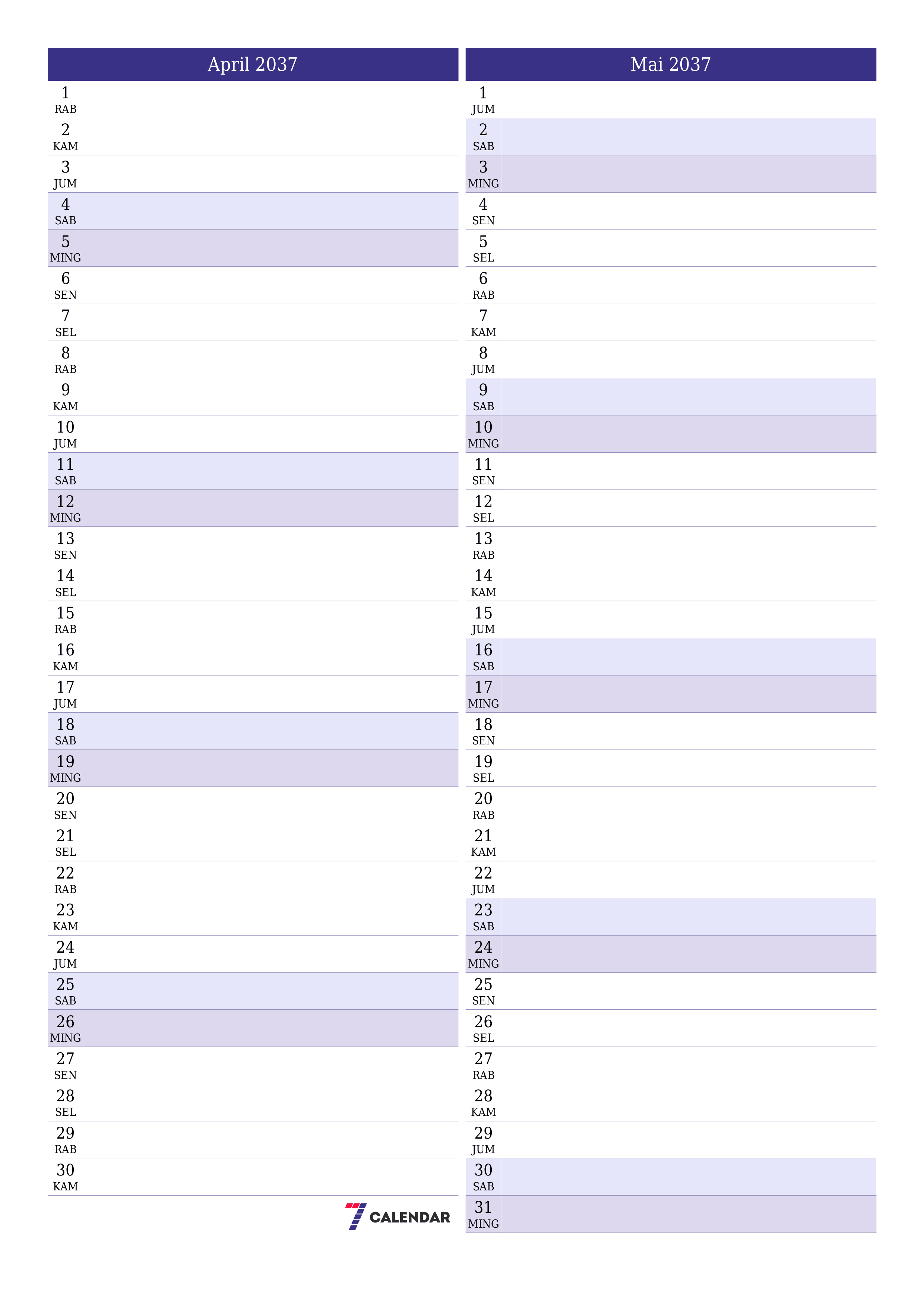 Kosongkan agenda bulanan untuk bulan April 2037 dengan catatan, simpan dan cetak ke PDF PNG Indonesian