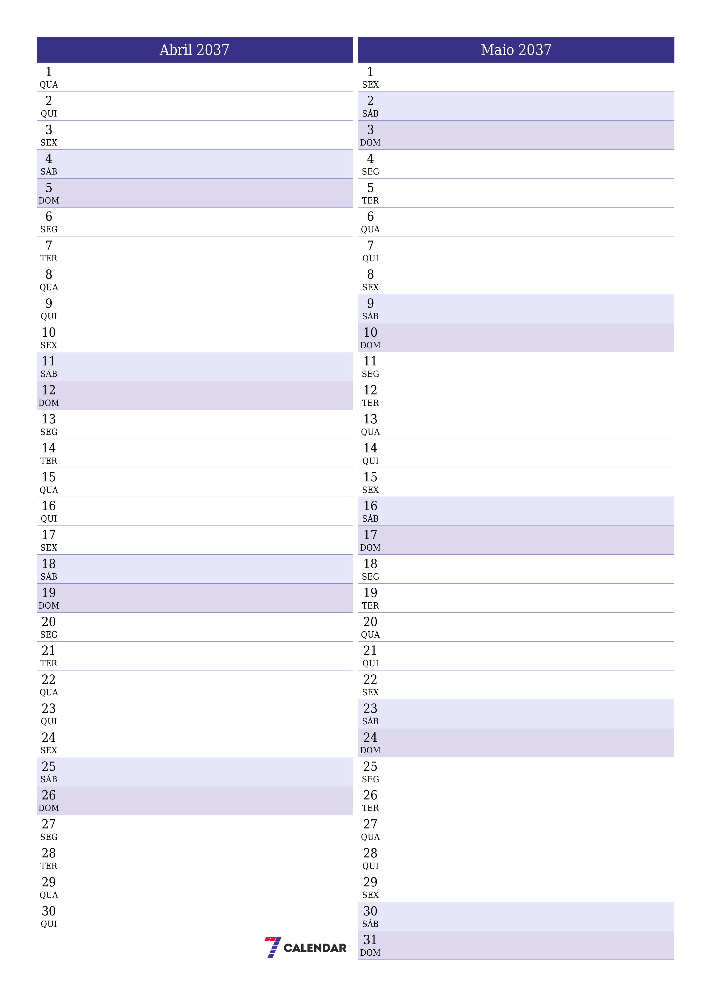  para impressão de parede modelo de grátisvertical Mensal planejador calendário Abril (Abr) 2037