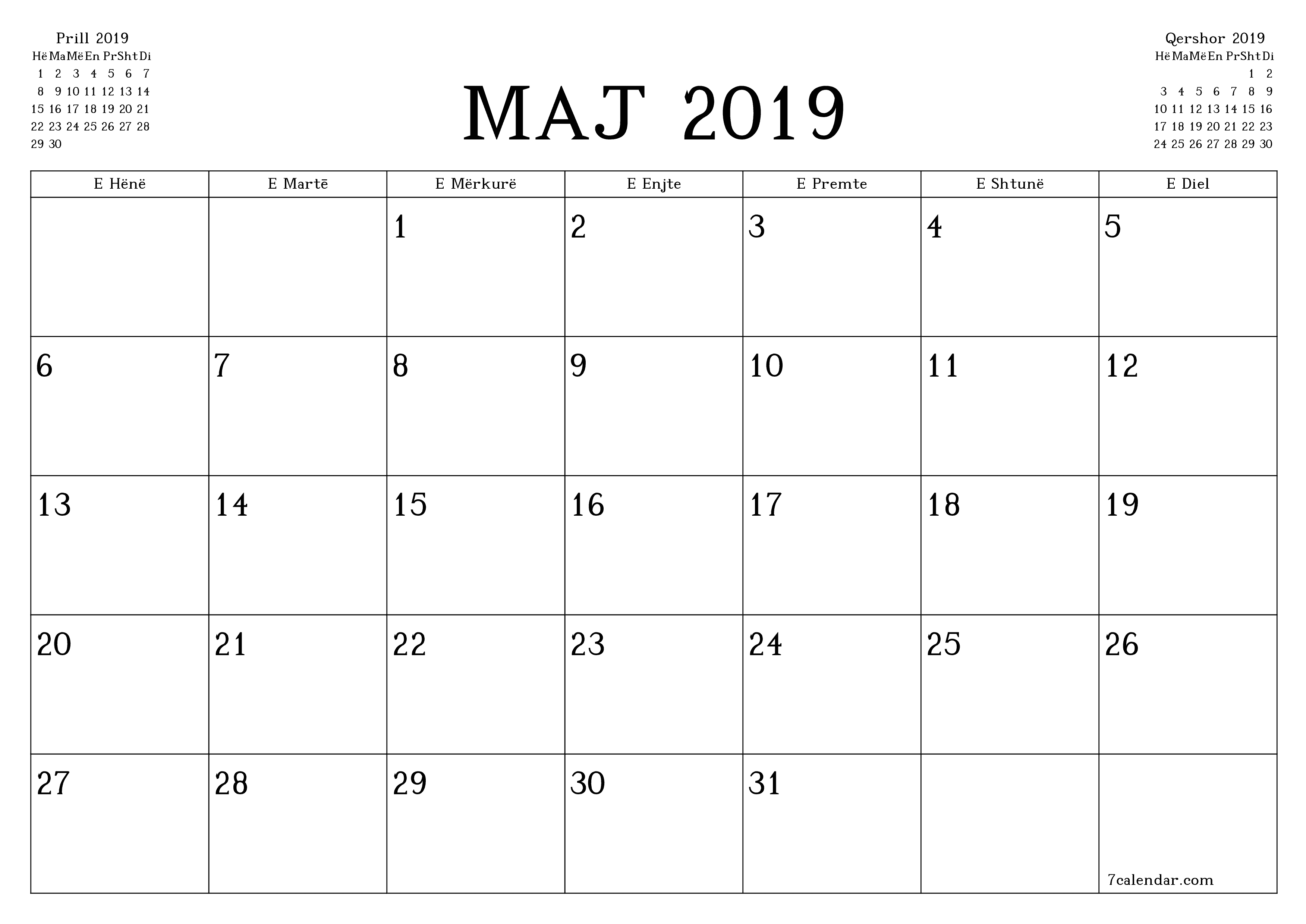 Planifikuesi i zbrazët i kalendarit mujor për muajin Maj 2019 me shënime të ruajtura dhe të printuara në PDF PNG Albanian