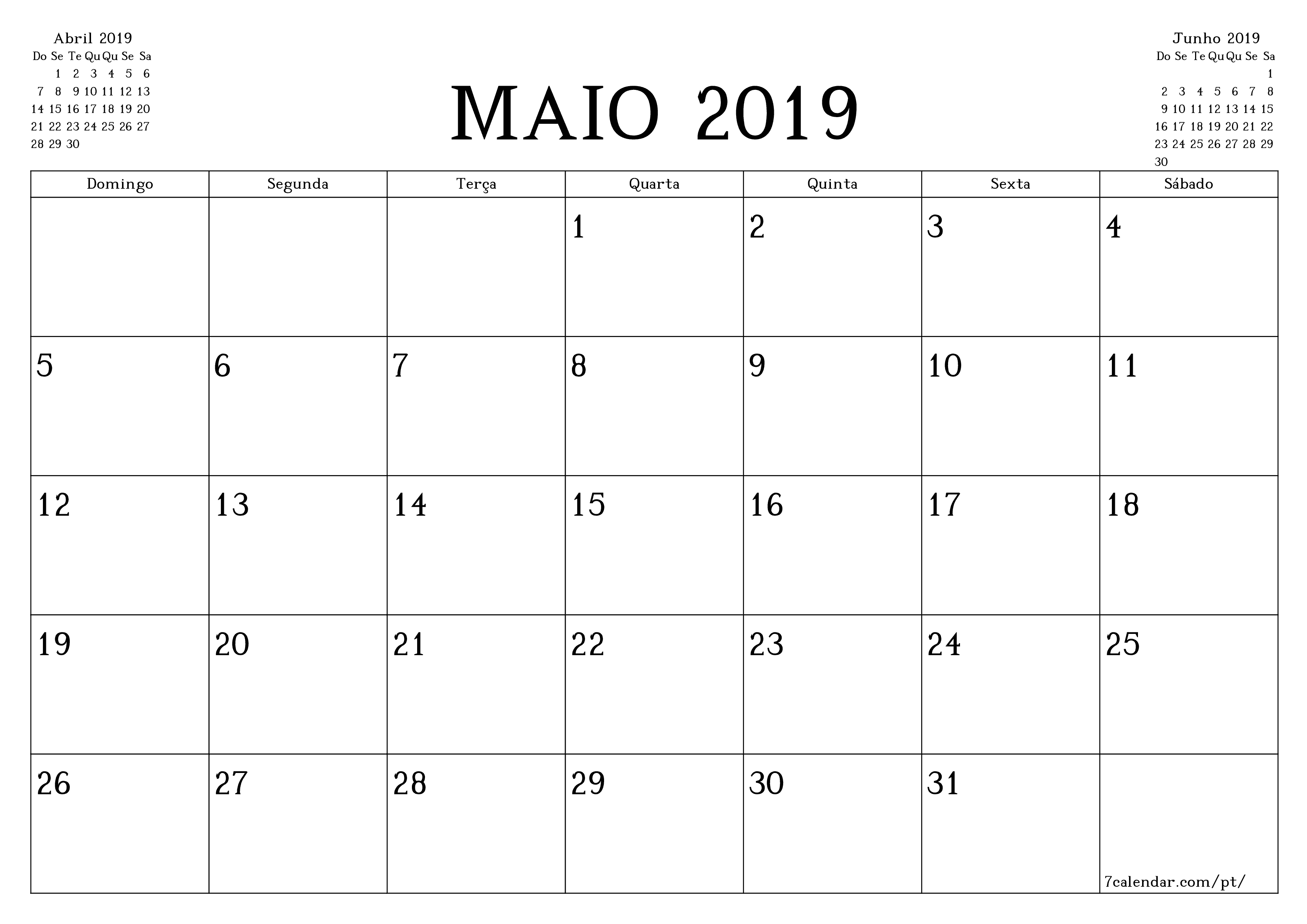 Esvazie o planejador mensal para o mês Maio 2019 com notas, salve e imprima em PDF PNG Portuguese