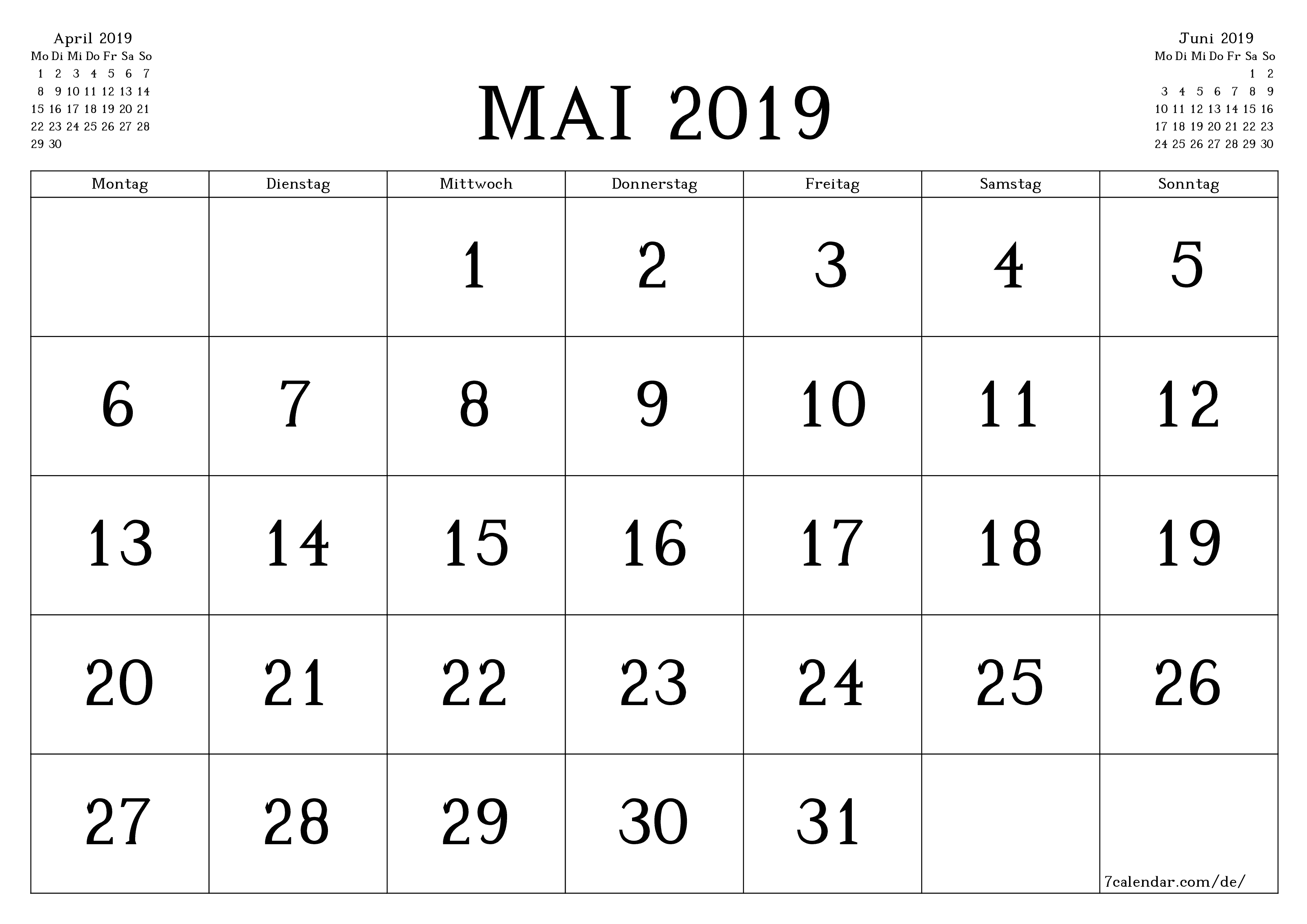 Monatsplaner für Monat Mai 2019 mit Notizen leeren, speichern und als PDF PNG German - 7calendar.com drucken