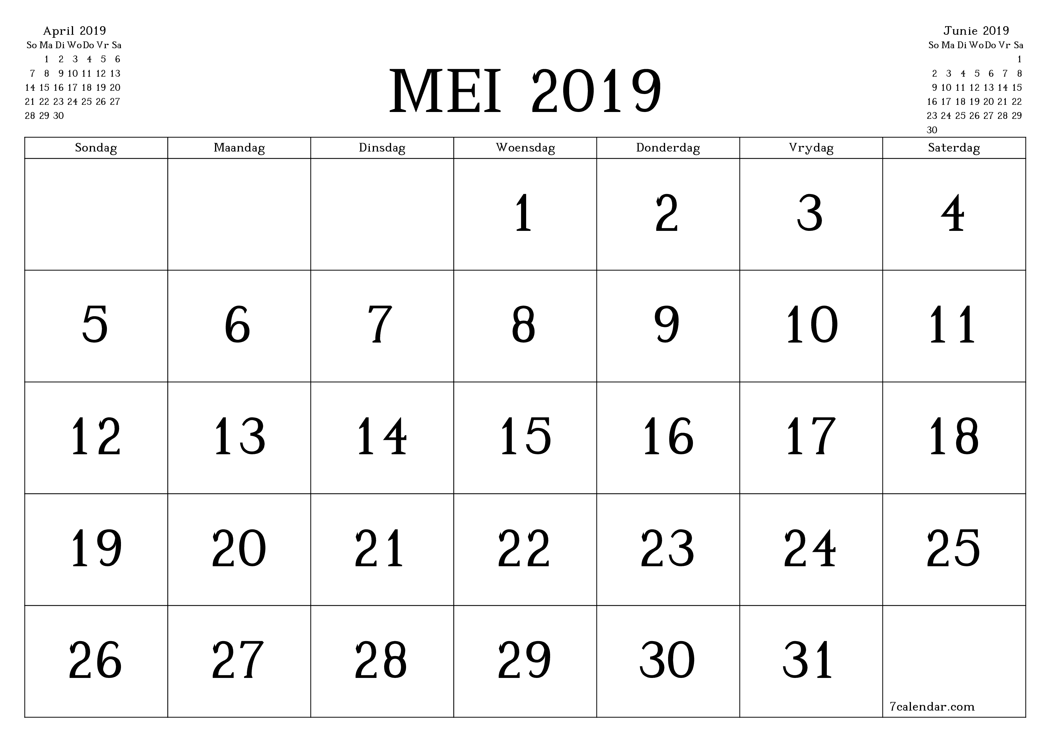 Leë maandelikse drukbare kalender en beplanner vir maand Mei 2019 met notas stoor en druk na PDF PNG Afrikaans