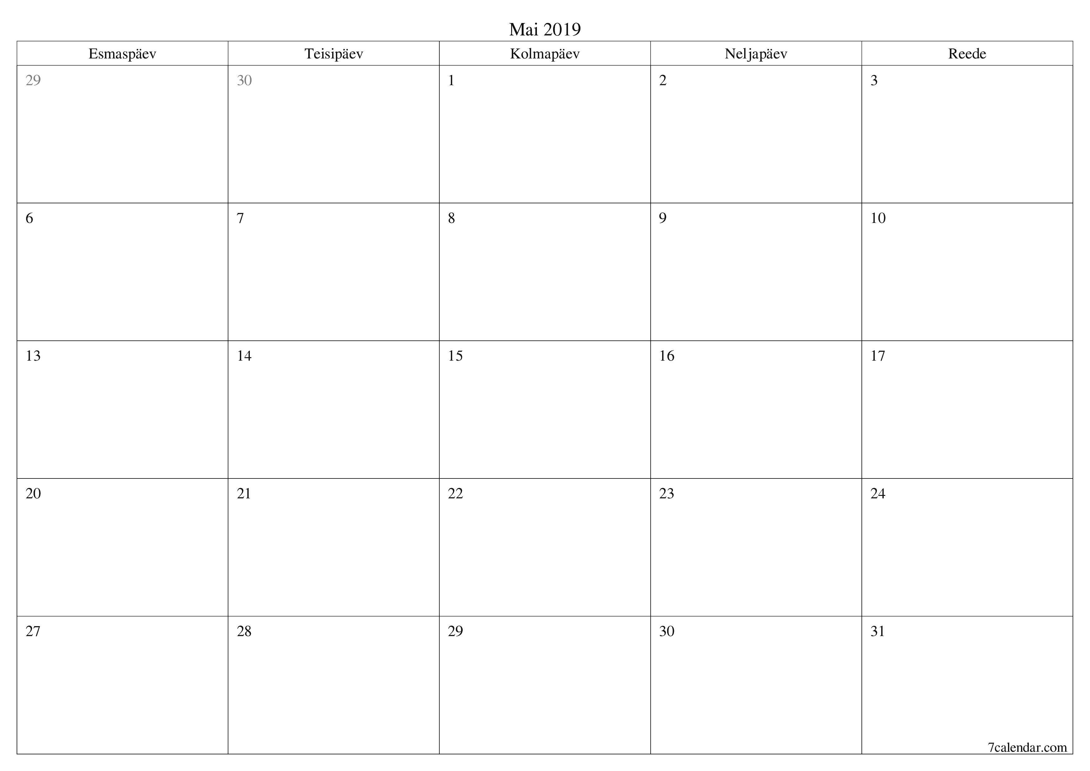 Tühjendage kuu Mai 2019 kuuplaneerija märkmetega, salvestage ja printige PDF-i PNG Estonian