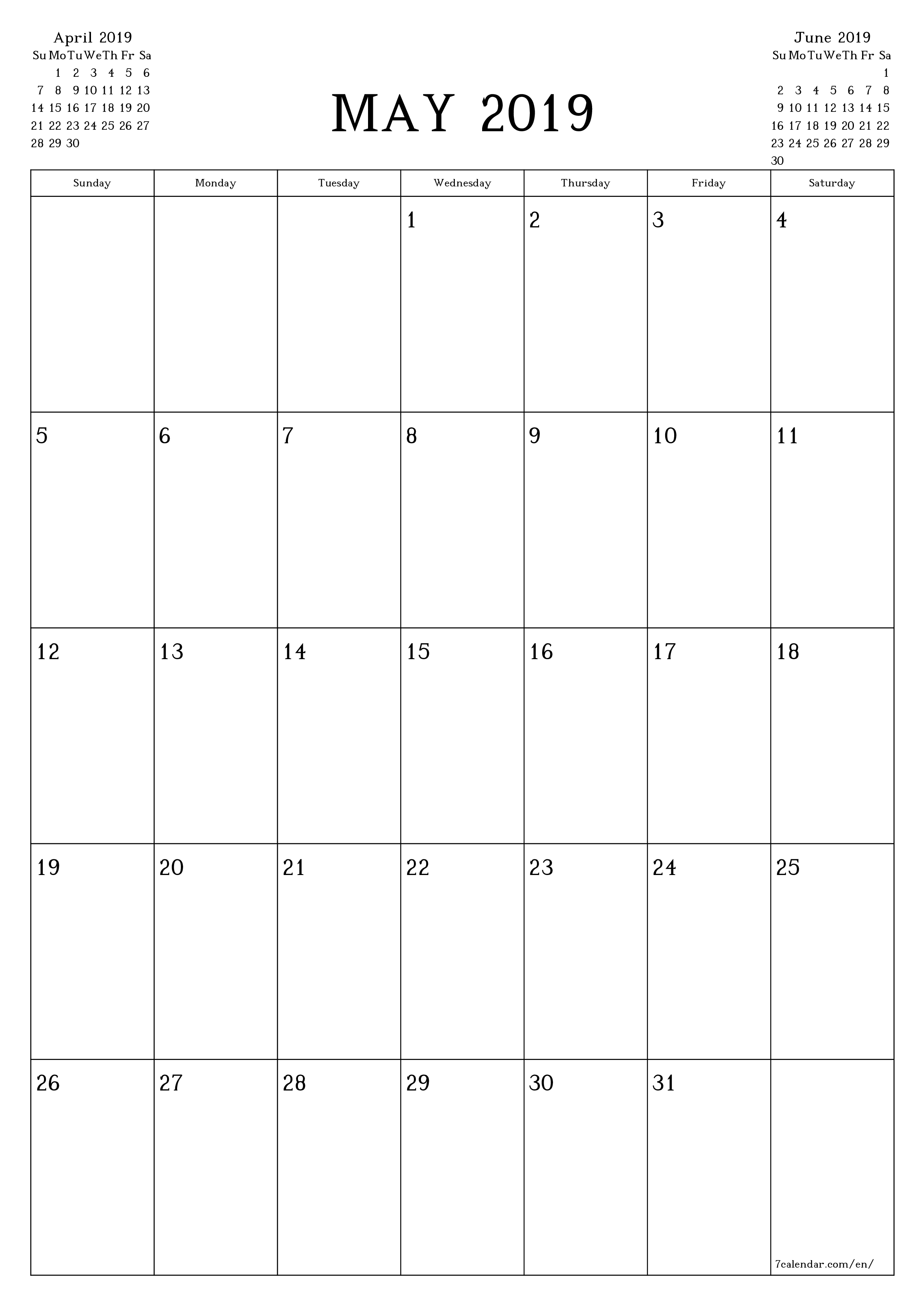 printable wall template free vertical Monthly planner calendar May (May) 2019