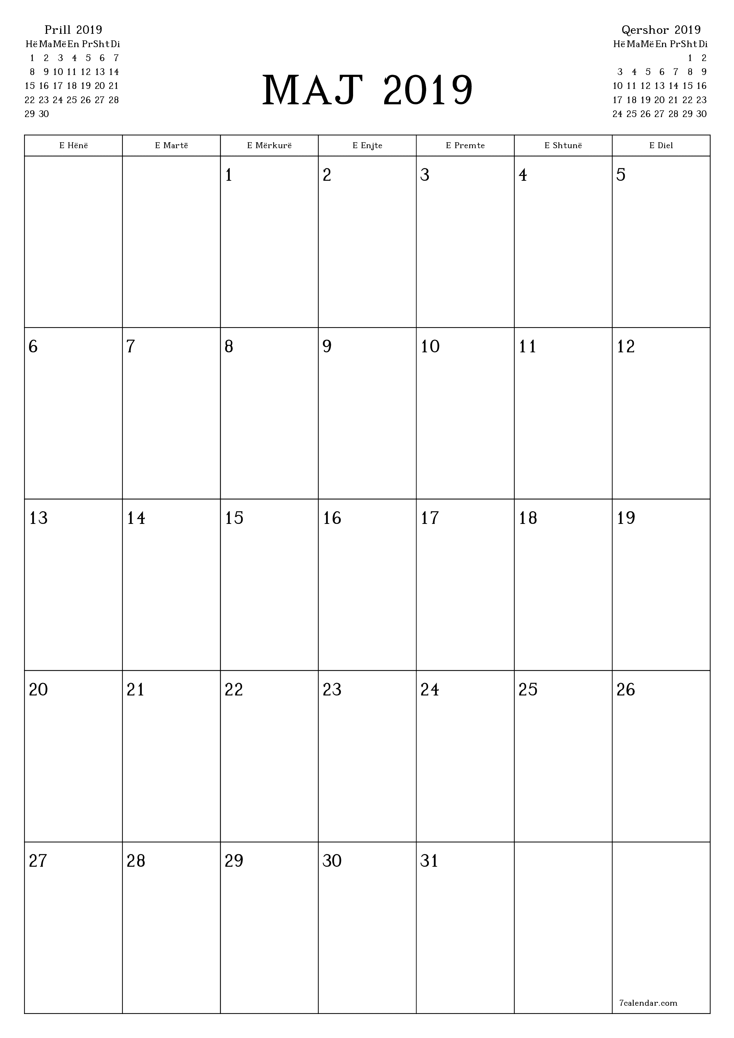 Planifikuesi i zbrazët i kalendarit mujor për muajin Maj 2019 me shënime të ruajtura dhe të printuara në PDF PNG Albanian