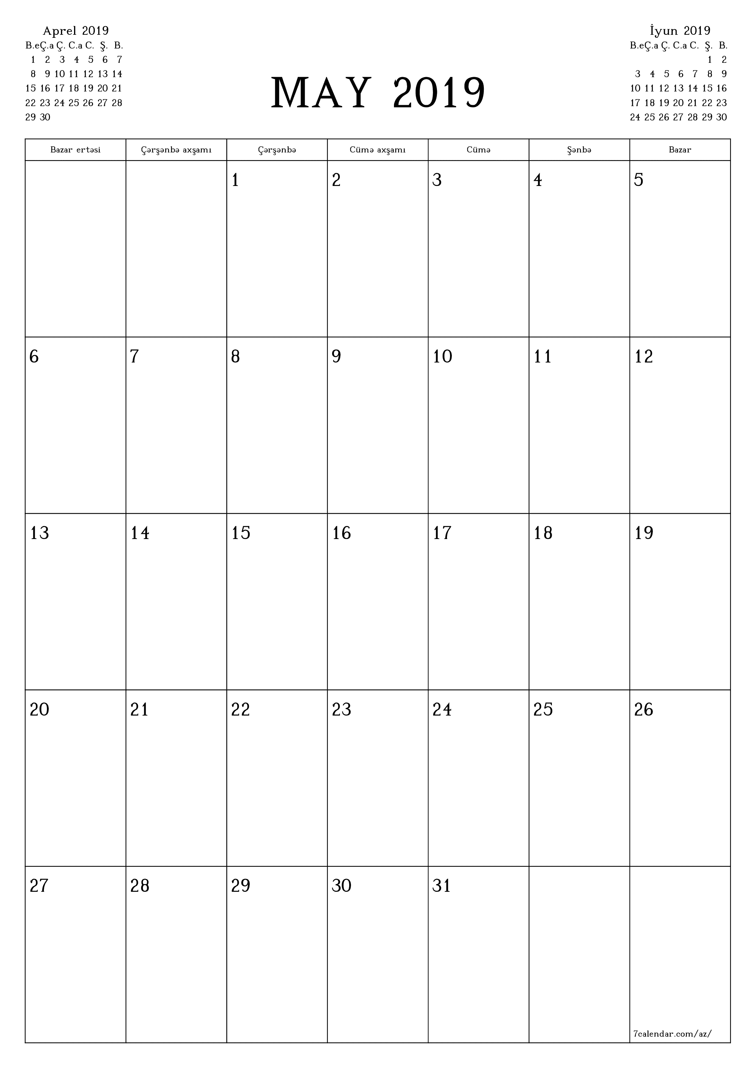 May 2019 ayı üçün qeydlər ilə boş aylıq planlayıcı, qeyd edin və PDF-ə yazdırın PNG Azerbaijani