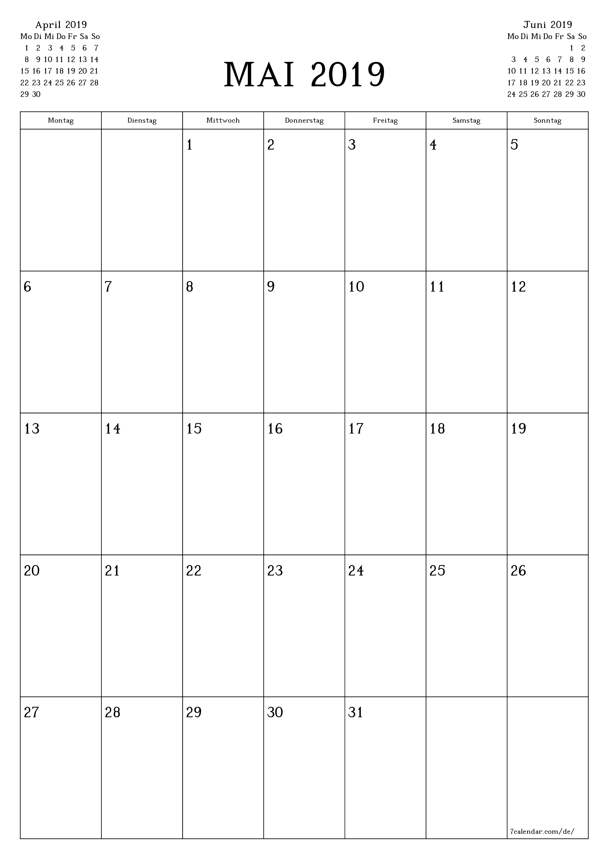 Monatsplaner für Monat Mai 2019 mit Notizen leeren, speichern und als PDF PNG German - 7calendar.com drucken