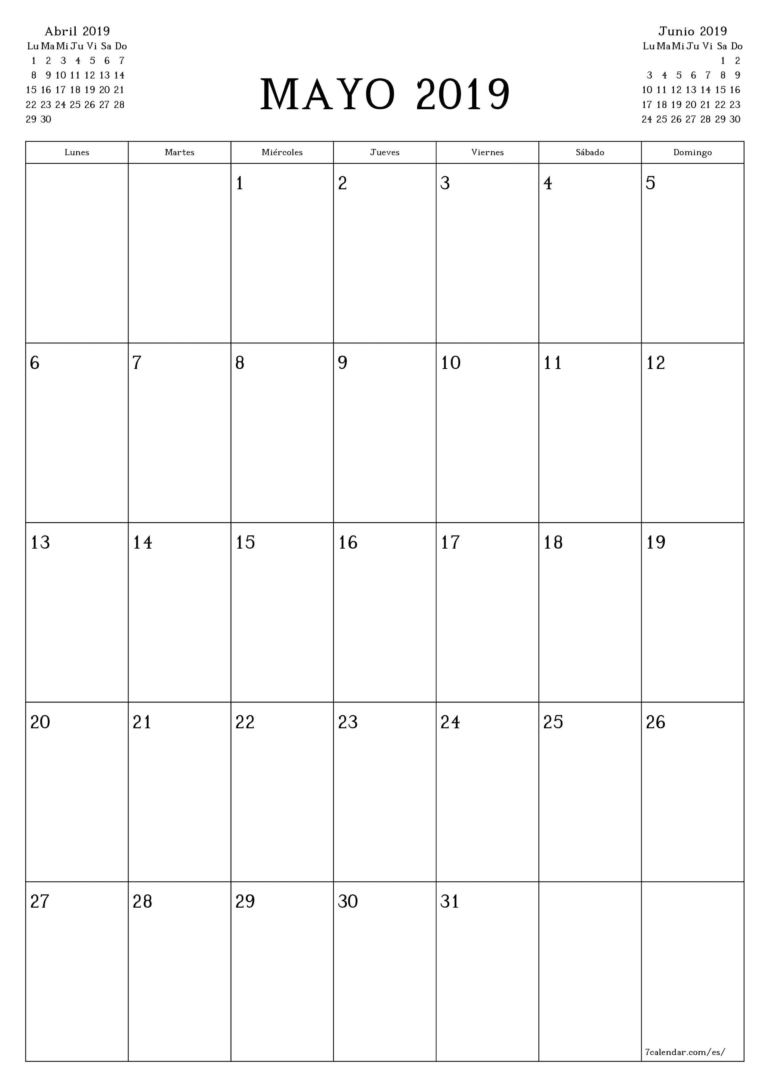 Planificador mensual vacío para el mes Mayo 2019 con notas, guardar e imprimir en PDF PNG Spanish